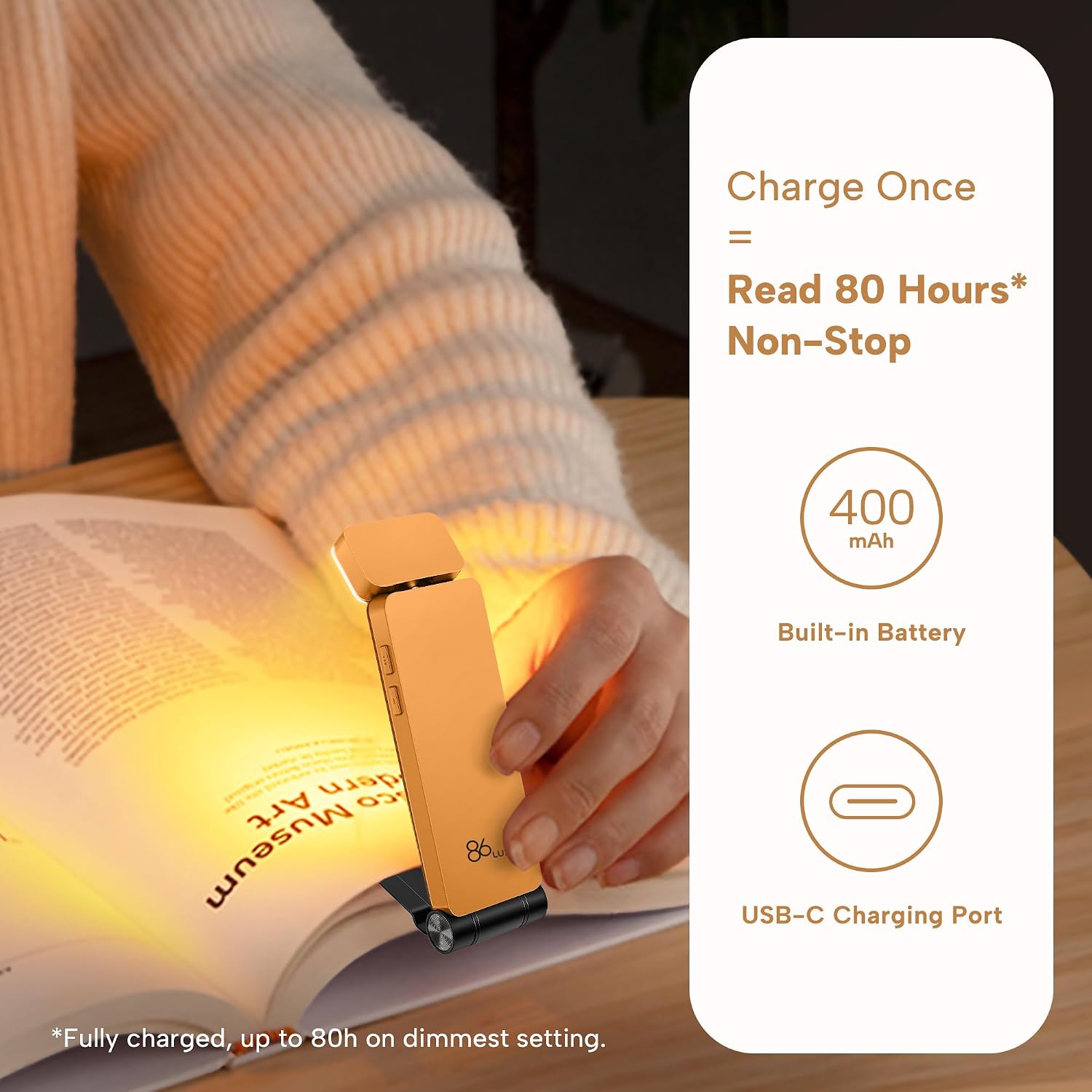86lux Book Light, Rechargeable Reading Lights for Books in Bed