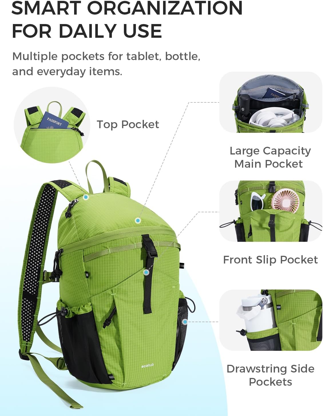 ECOHUB 15L Ultra-Lightweight Packable Backpack, Casual Daypack for Daily Use, Small Hiking & Travel, Foldable Backpack, Water-Resistant Nylon, Reflective Design