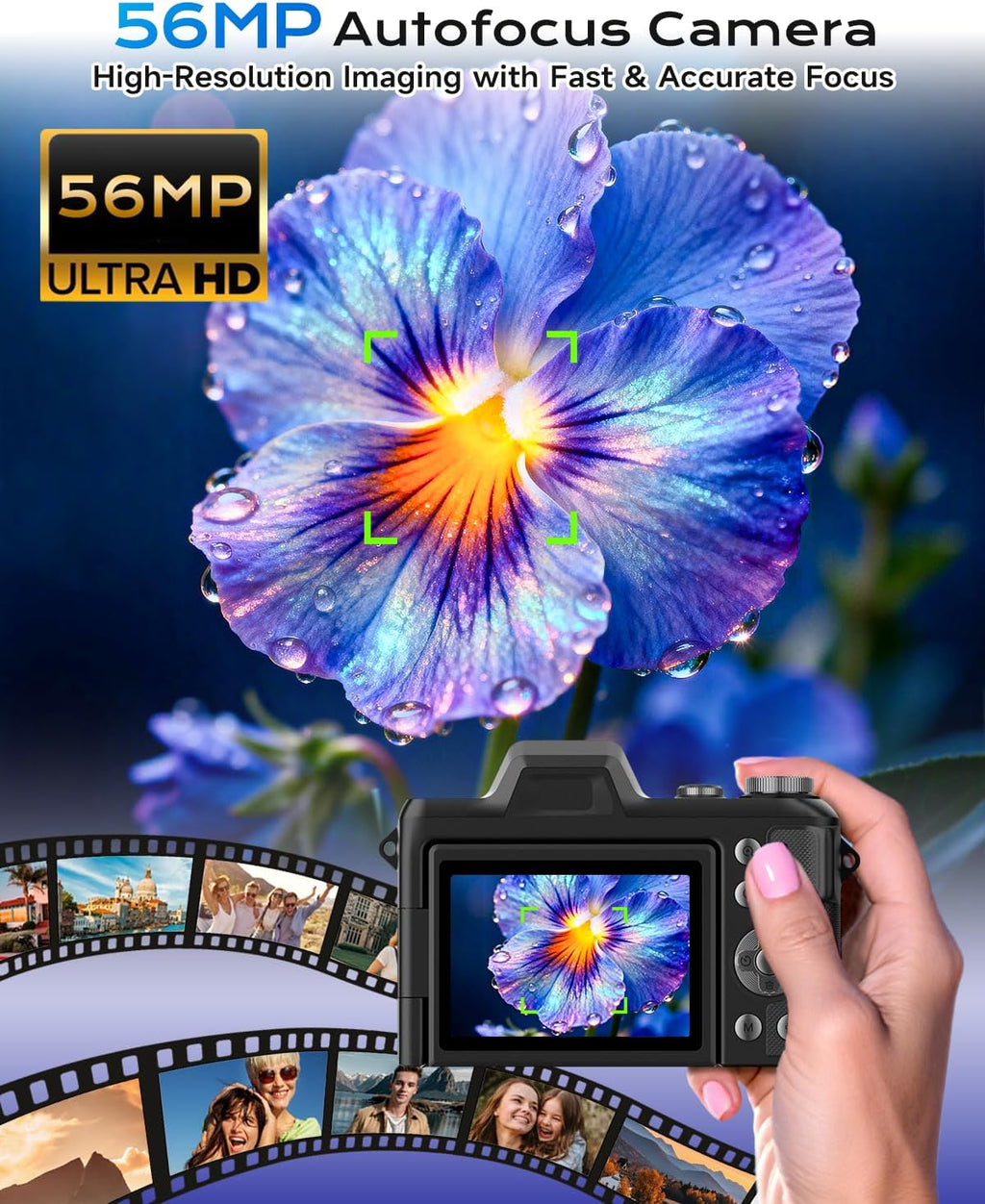 4K Digital Camera for Photography Travel, 56MP Autofocus Vlogging Camera for YouTube, 16X Zoom with 3" 180°Flip Screen & Lens Hood, 32GB Card, Gift Ideas for Teens & Beginners