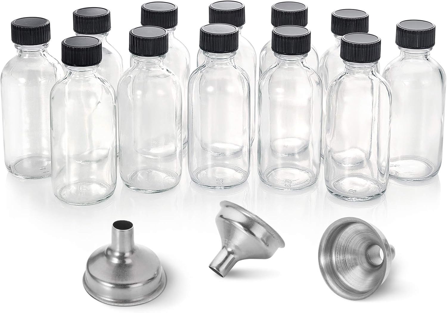 AOZITA 12 Pack, 2 oz Small Clear Glass Bottles w/Lid & 3 Funnels - 60ml Boston Shot Bottles for Health, Immunity, Potion, Wellness, Sample, Ginger, Juice - Mini Personal Care & Beauty Travel Bottle