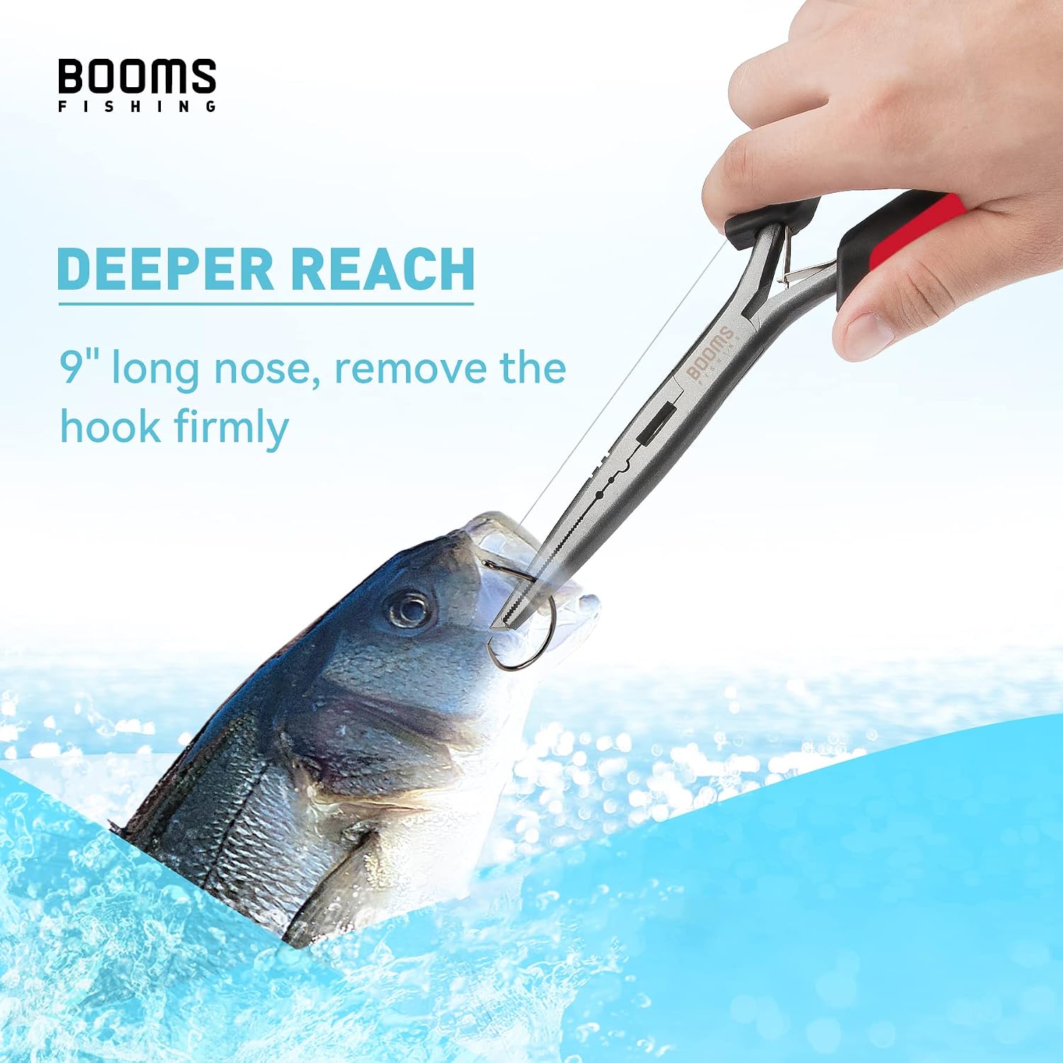Booms Fishing F03 Needle Nose Fishing Pliers, 9" Fisherman's Pliers, Long Nose Hook Remover, Saltwater Resistant Fishing Gear, Red