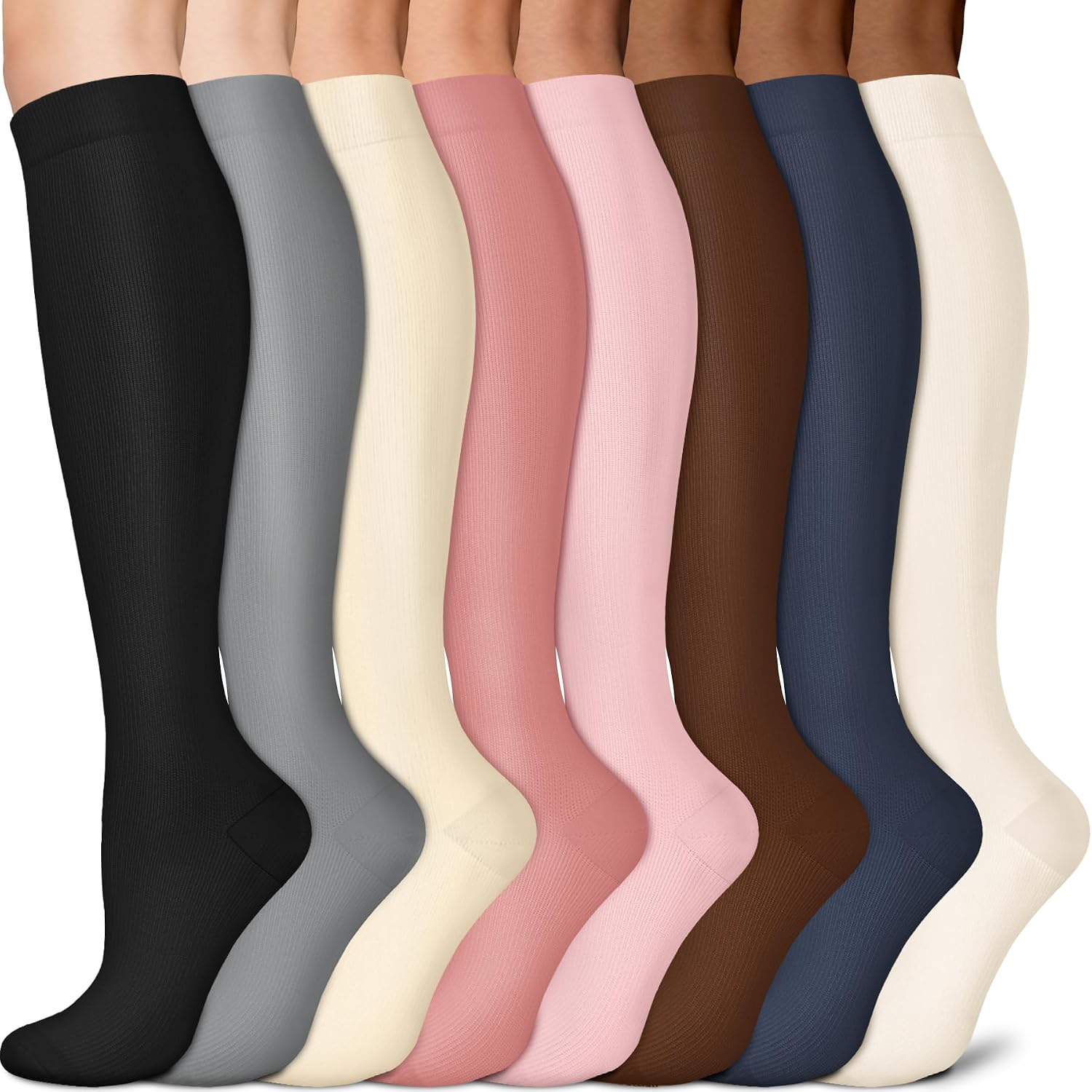 Sooverki Copper Compression Socks for Men & Women 8 Pack 15-20mmHg - Knee High Stockings Best Support for Running Athletic