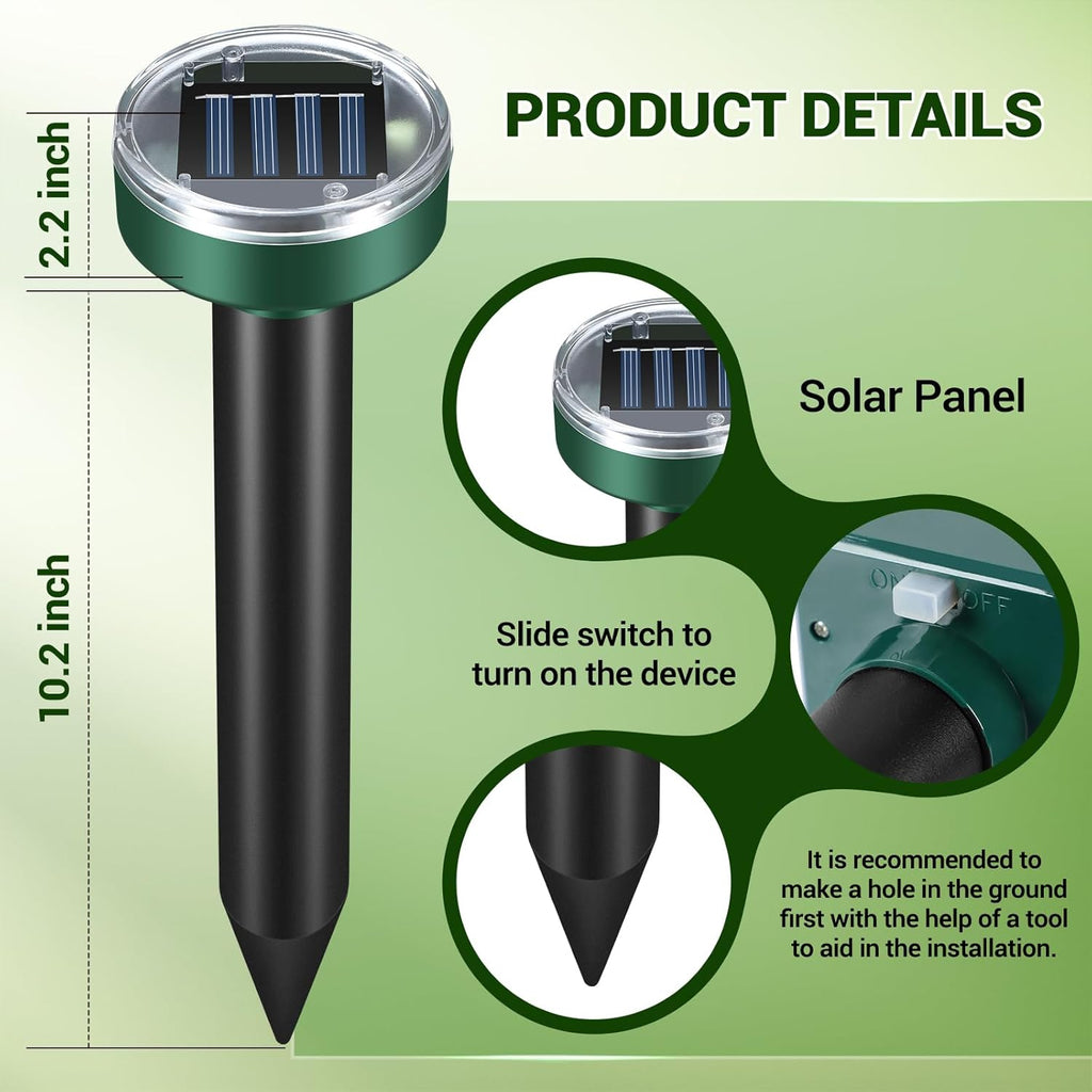 Mole Repellent for Lawns - Gopher Repeller Ultrasonic Solar Powered Vole Repellent Outdoor Waterproof Rat Deterrent Spikes Repellent Snake,Chipmunk,Groundhog,Sonic Mole Stakes for Garden,Yard