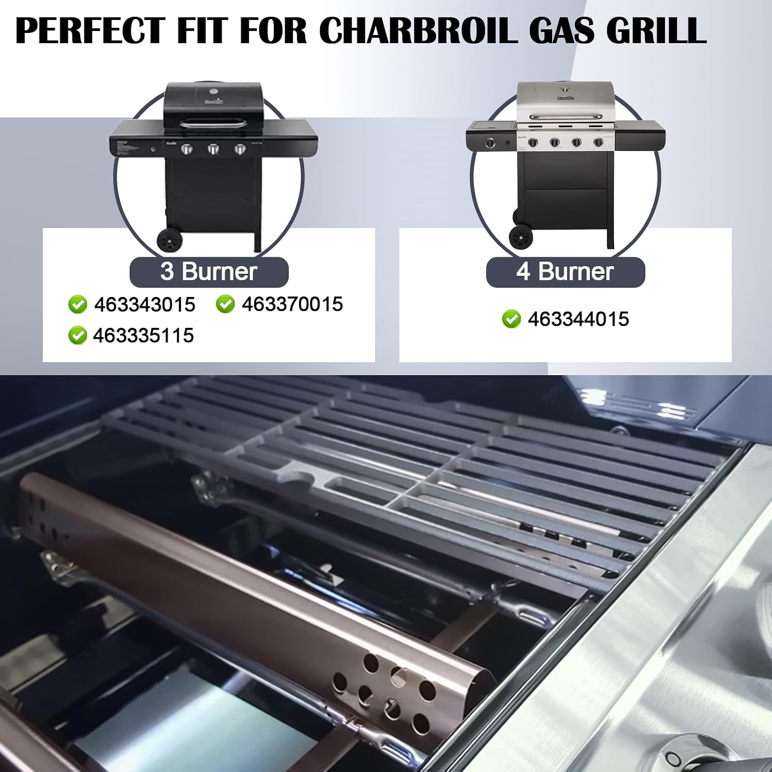 Hiorucet Grill Grates Replacement Parts for Charbroil Advantage 463344015, 463343015, 463335115, Grid Cooking Grates, Heat Plate, Burner, Ignitor and Crossover Tube for Charbroil 4 Burner Grill Parts.