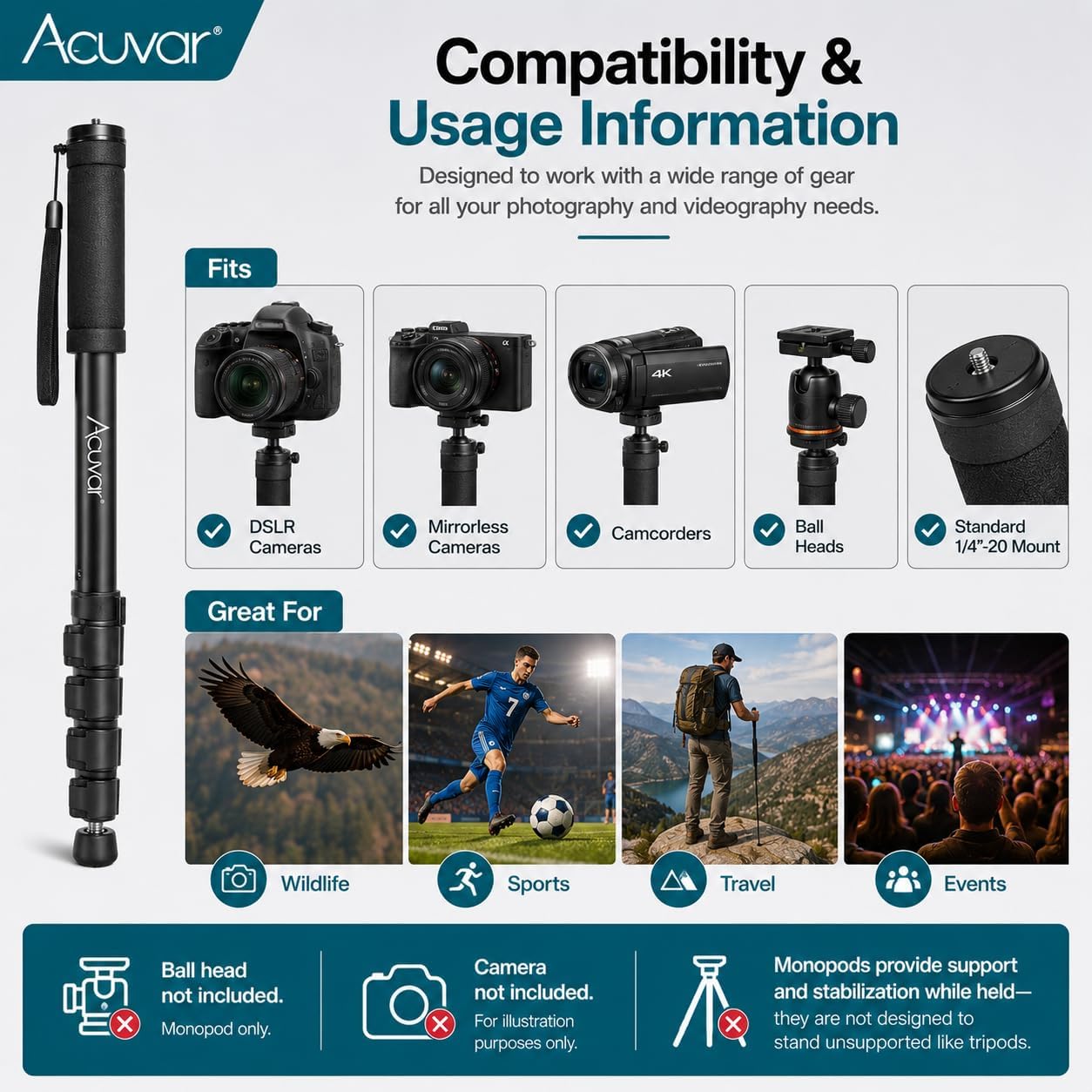 Acuvar 62 Inch Photography Monopod with Safety Strap – Lightweight Aluminum Camera Monopod for Travel & Outdoor Shooting