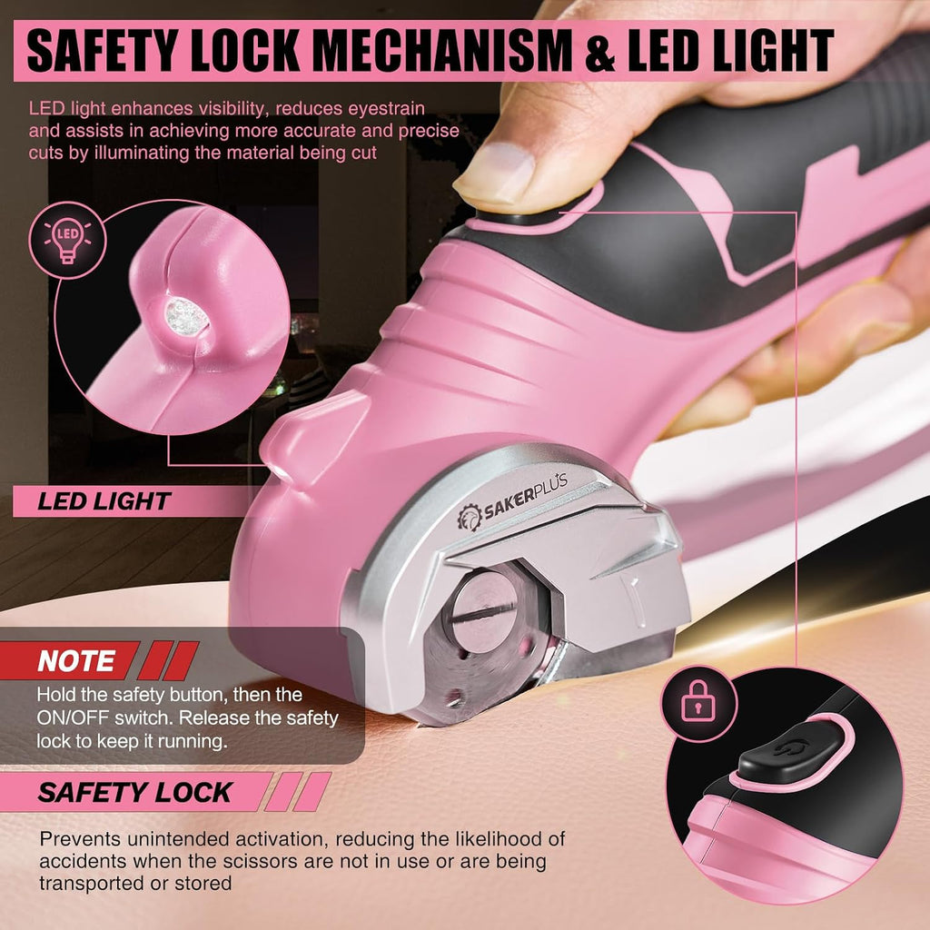 SakerPlus Cordless Electric Scissors,4V Rechargeable Cardboard Box Cutter Heavy Duty Fabric Scissor with Safety Lock & LED Light,Power Rotary Cutter for Leather Carpet Plastic Cutting,Sewing,Crafting