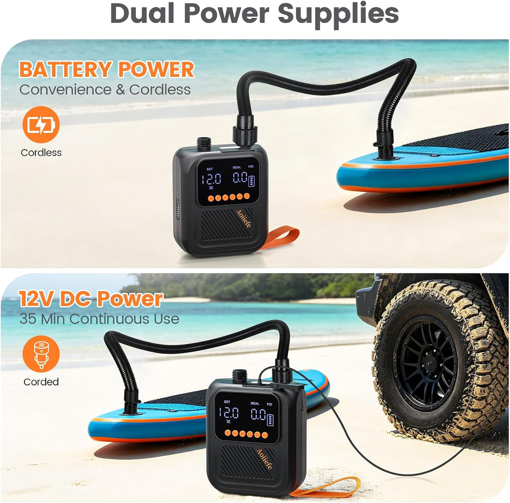 Portable Rechargeable Electric SUP Paddle Board Pump, Intelligent Dual Stage Inflation&Deflation, Up to 20PSI and Auto-Off for Stand UP Paddle Boards, Kayaks, Tents