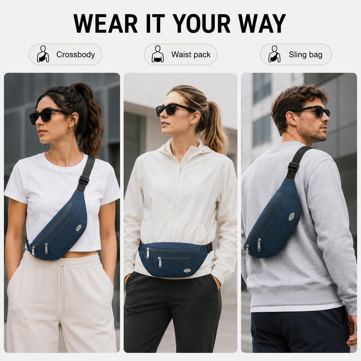Entchin Water-Resistant Fanny Pack, 4-Zipper Belt Bag
