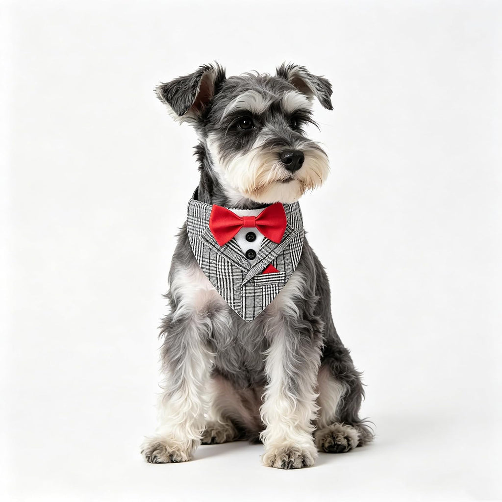 Dog Tuxedo Costumes Wedding Outfit, Gray Stripped Bandana with Red Bowtie, Fashion Dogs Tux Suit Collar (L)