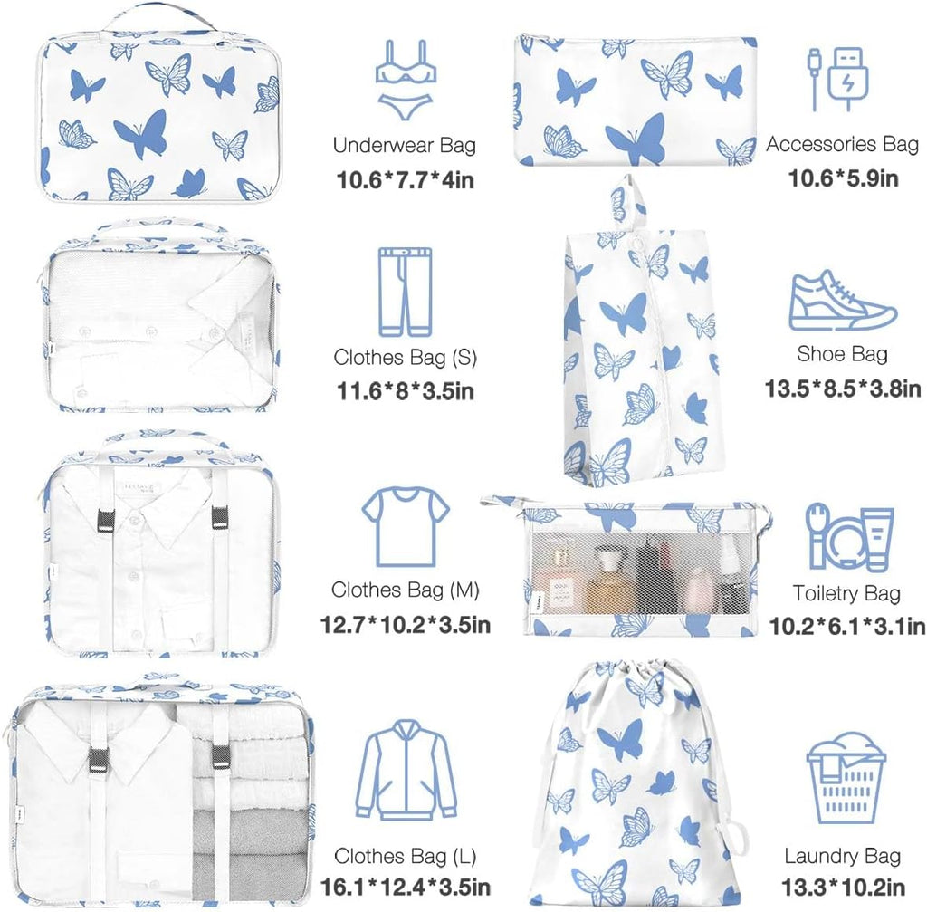 8 Set Packing Cubes for Suitcases,Packing Cube with Shoe, Cosmetics, Clothing, Accessories Bags Packing Cubes for Travel Luggage Organizer Women Men(Butterfly)