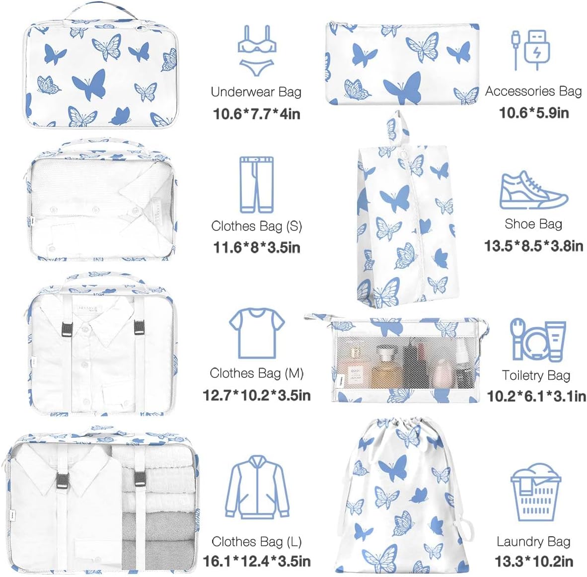 8 Set Packing Cubes for Suitcases,Packing Cube with Shoe, Cosmetics, Clothing, Accessories Bags Packing Cubes for Travel Luggage Organizer Women Men(Butterfly)
