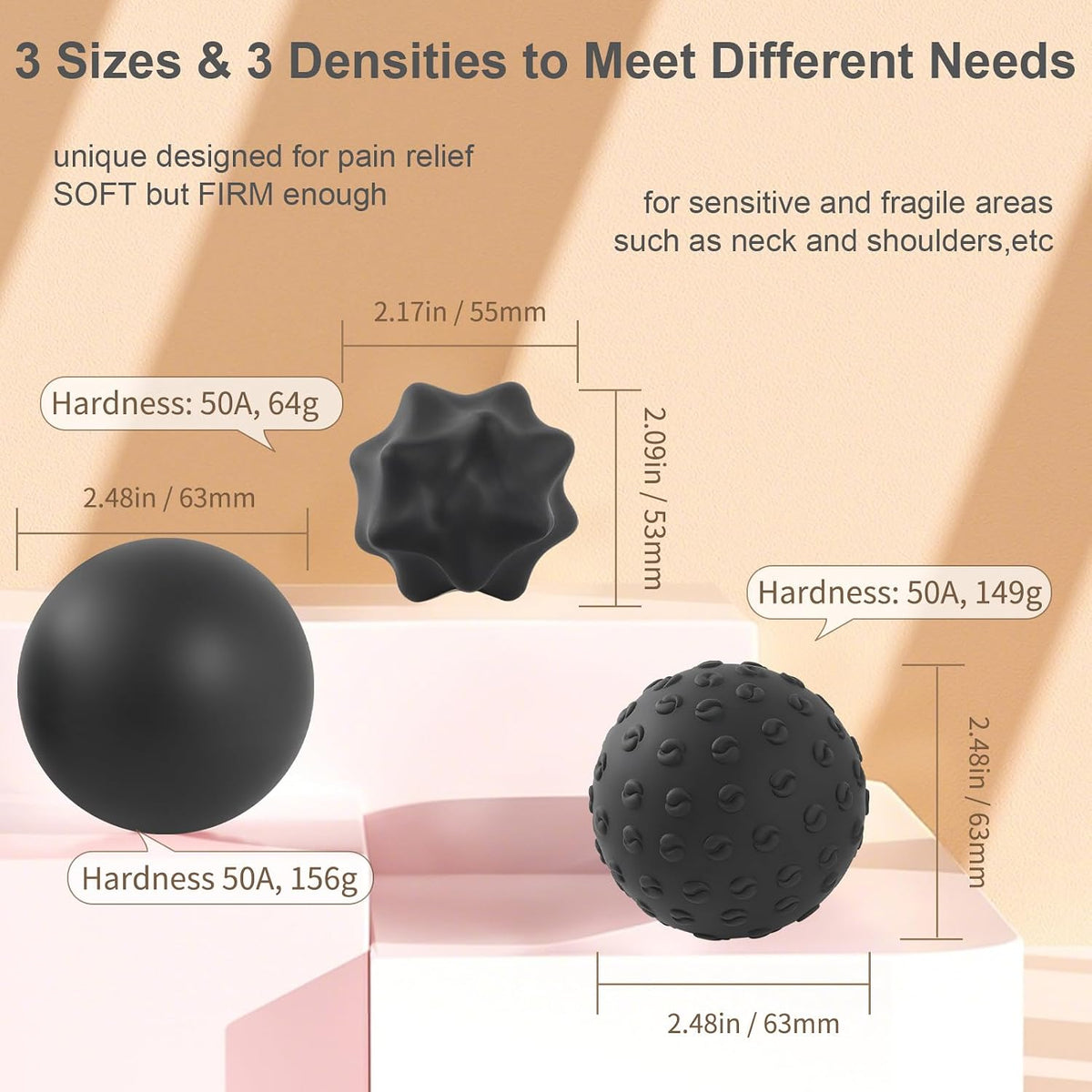 Silicone Massage Lacrosse Ball Set, Smooth, Textured & Spiky