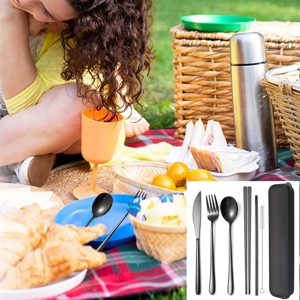 AARAINBOW 6 Pieces 18/8 Stainless Steel Flatware Set Portable Reusable Cutlery Set Travel Utensils Set Including Chopsticks Knife Fork Spoon Straws Cleaning Brush Dishwasher Safe (Black)