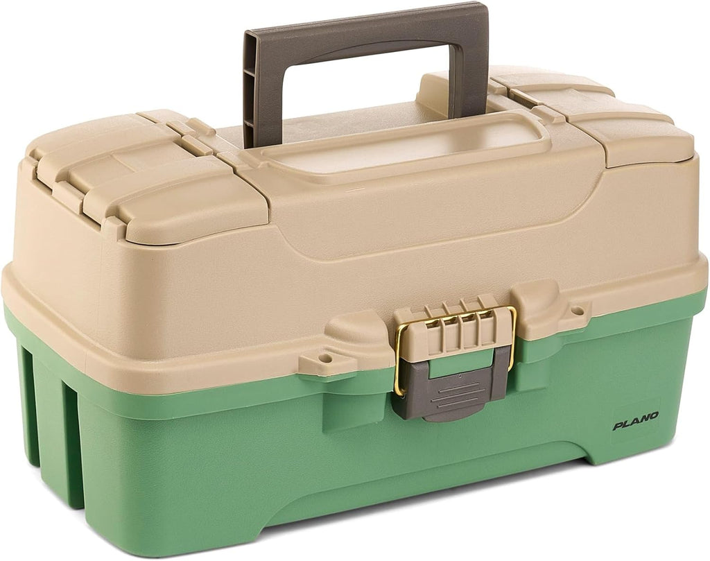 Plano Three-Tray Tackle Box Catfish Kit, Green/Tan, Rust-Proof Brass Latch, Top-Access Tray Compartments with Deep Storage, Made in the USA, Portable Fishing Gear Storage Organizer