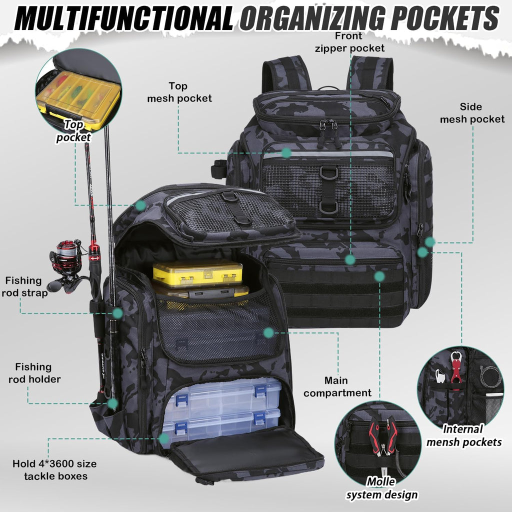HAMBOLY 45L Fishing Backpack with Rod Holders & Built-in Foldable Divider
