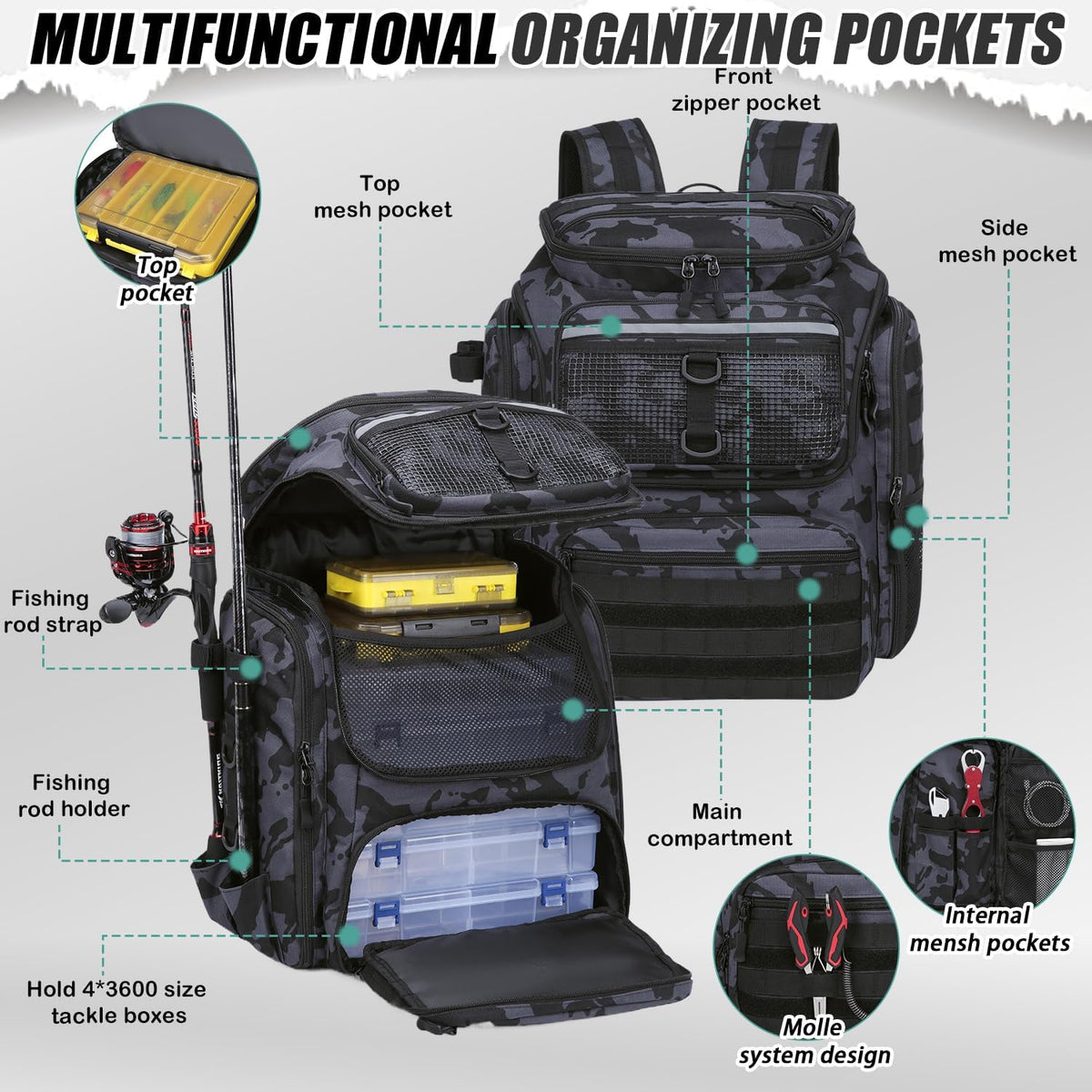 HAMBOLY 45L Fishing Backpack with Rod Holders & Built-in Foldable Divider