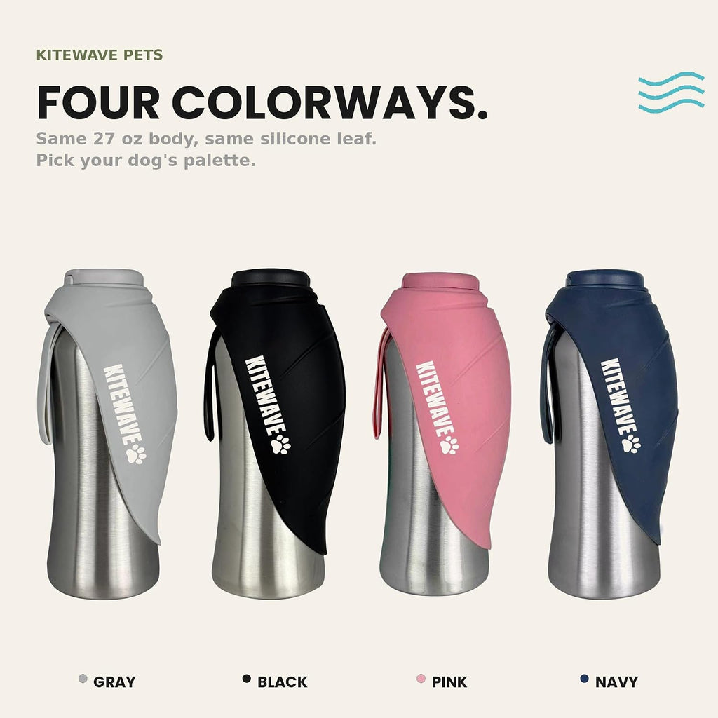 Kitewave Portable Dog Water Bottle, 27 oz Stainless Steel Pet Water Bottle with Flip-Up Leaf Bowl, Leakproof One-Press Dispenser for Walking, Hiking & Travel, BPA-Free, All Dog Breeds (Silver)