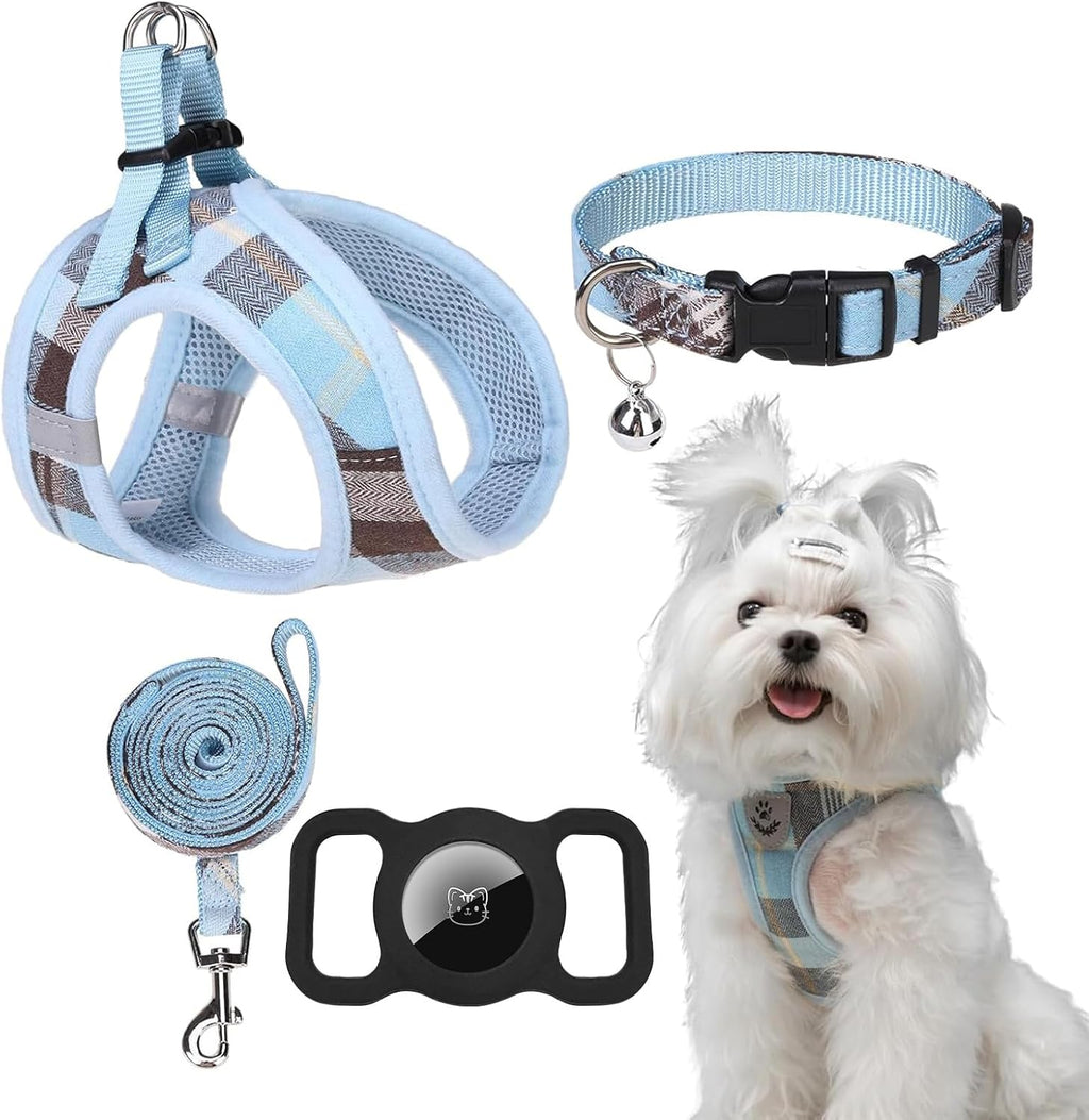 EXPAWLORER Small Dog Harness and Leash Set - Cute Puppy Harness Leash Dog Collar with AirTag Holder Silicone Case, Soft Padded Step in Pet Vest Reflective for Outdoor Walking, Strawberry XS