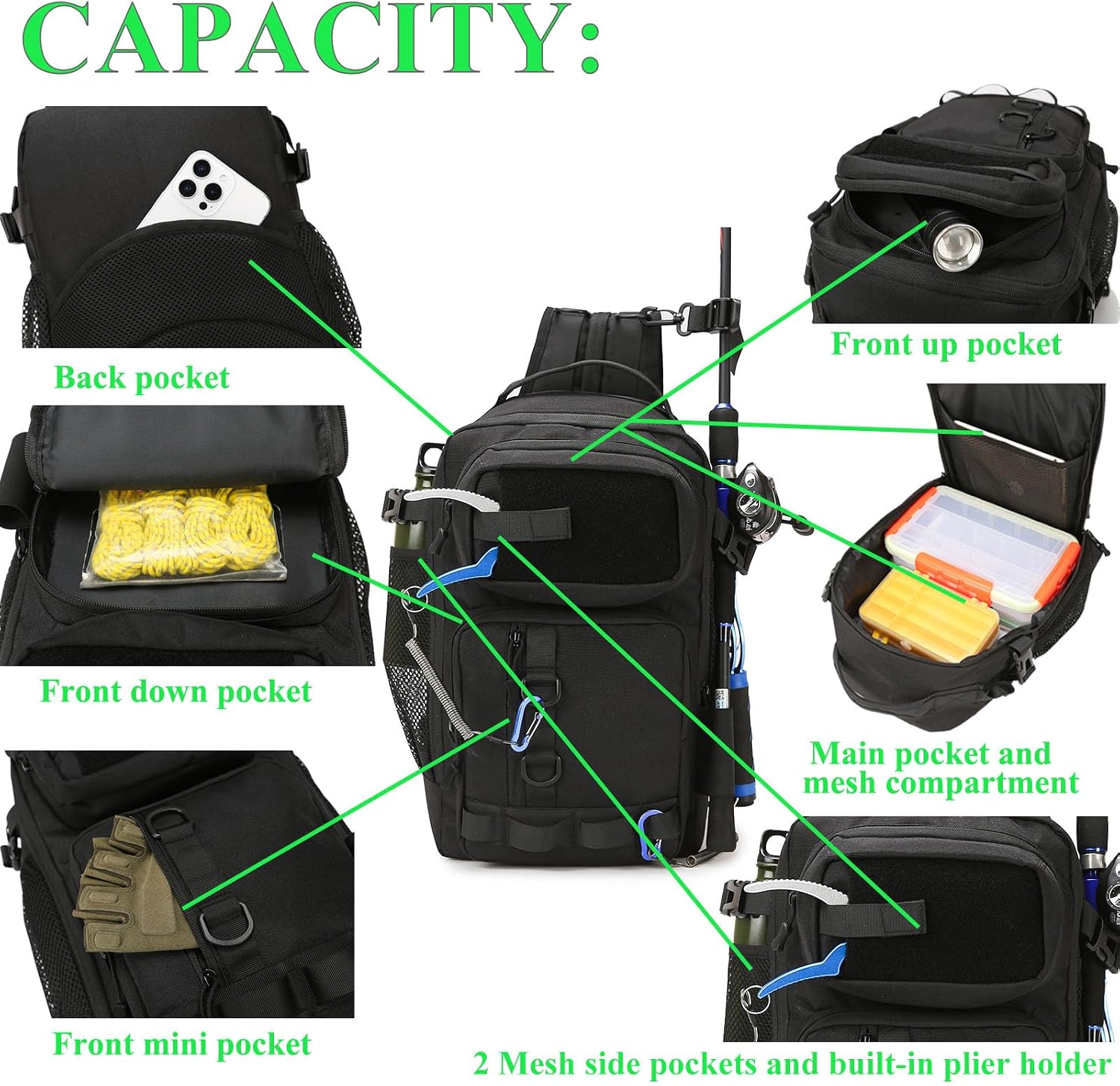 Fishing Backpack - Tackle Sling Bag- Fishing Gear Bags with Rod Holder and Fish Plier (Tan)