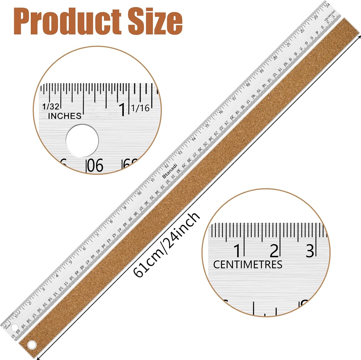 Metal Ruler 24 Inch, Non-Slip Cork Backing, Ink Bleed-Resistant Edge, 2 Pcs