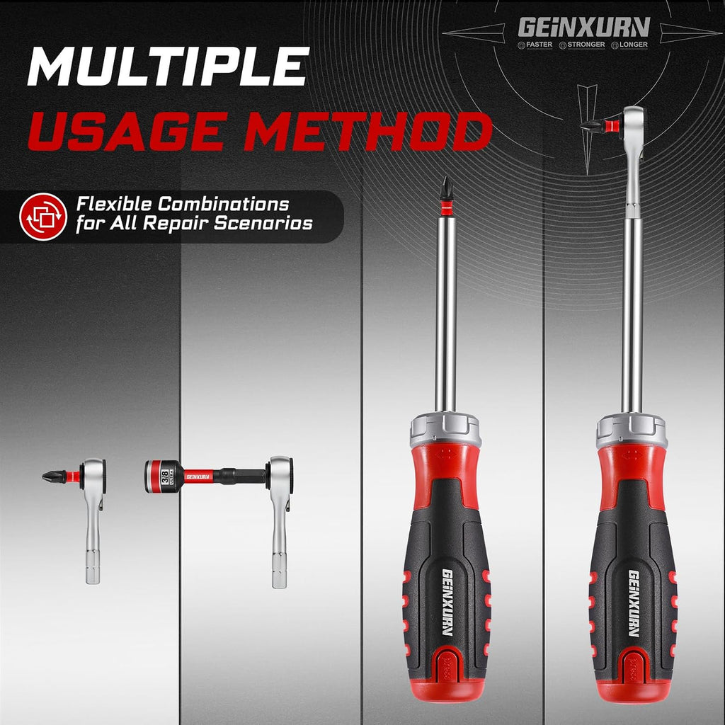 Geinxurn 19 Pieces Ratcheting Screwdriver Set and Socket Wrench Set, Mini Rachet Wrench, Rachet Screwdriver Handle and Nut Driver with 12 Pcs Impact Screwdriver Bit, Hand Tools Set for Repair DIY