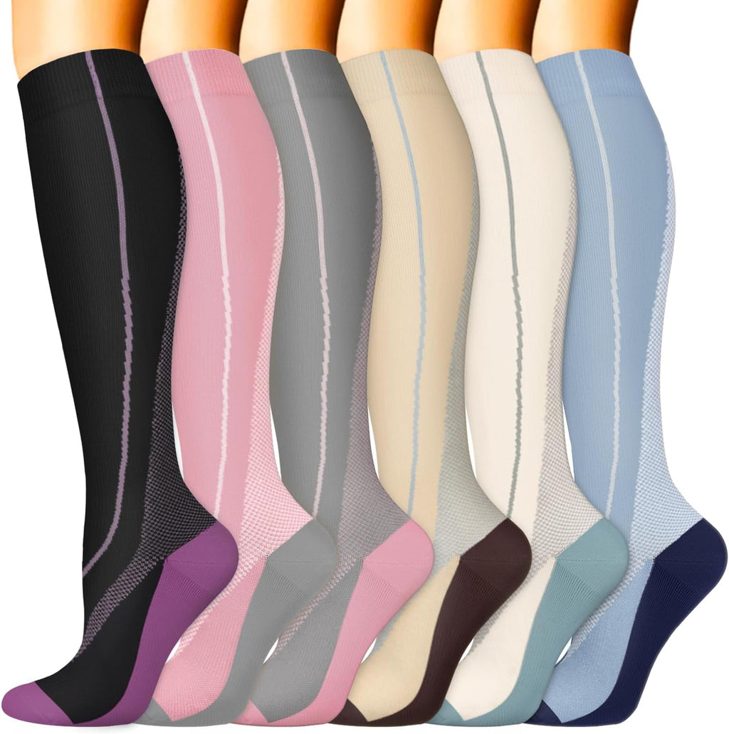 Sooverki Compression Socks for Women & Men 6 Pairs is Best Supportive Knee High Stockings for Circulation, Travel, Nurses