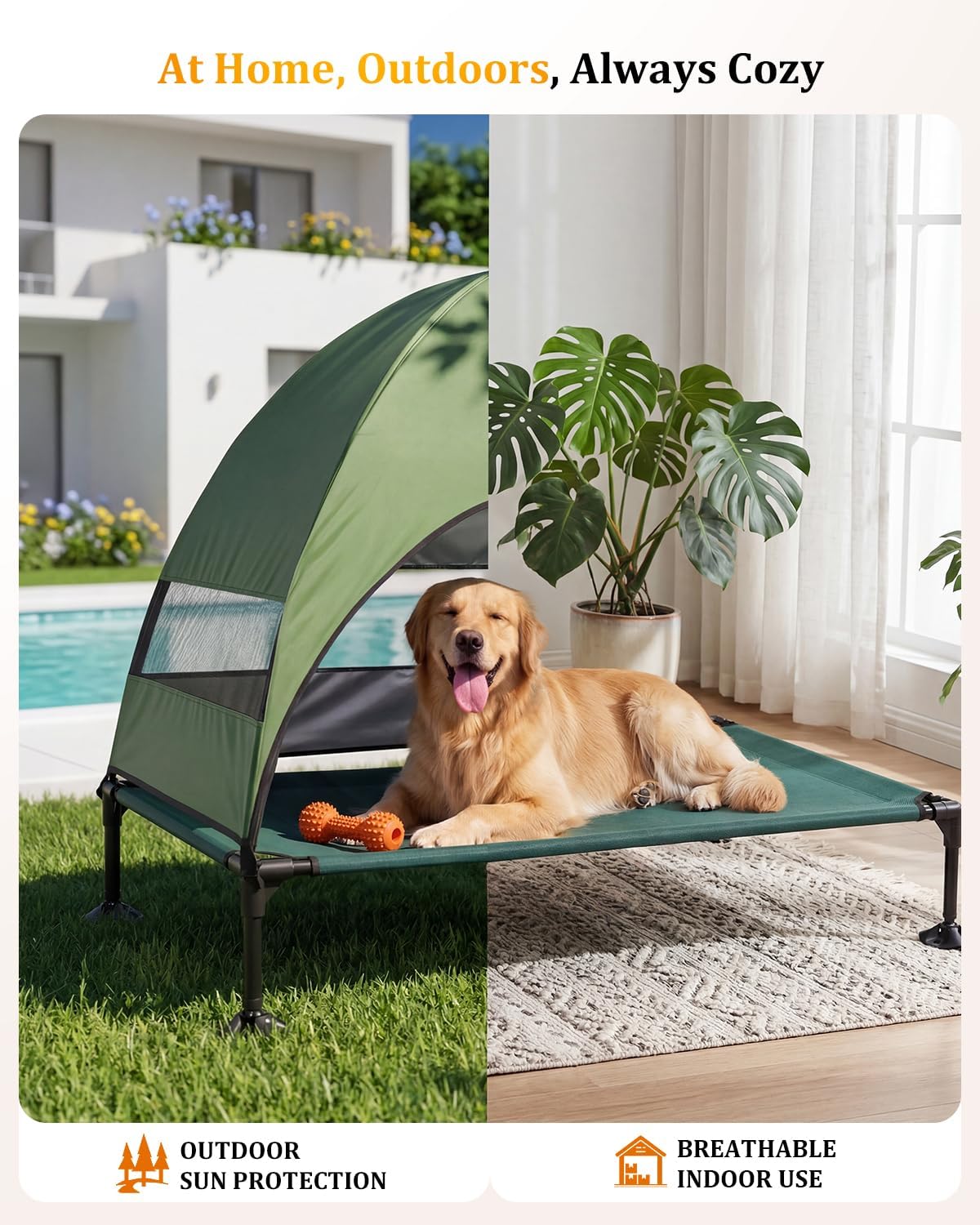 Elevated Outdoor Dog Bed with Canopy, Raised Dog Cot with Stable Adjustable Feet, Dog Camping Bed with Larger Shade, Lifted Dog Tent Bed with Canopy for Outside (Green, Large)