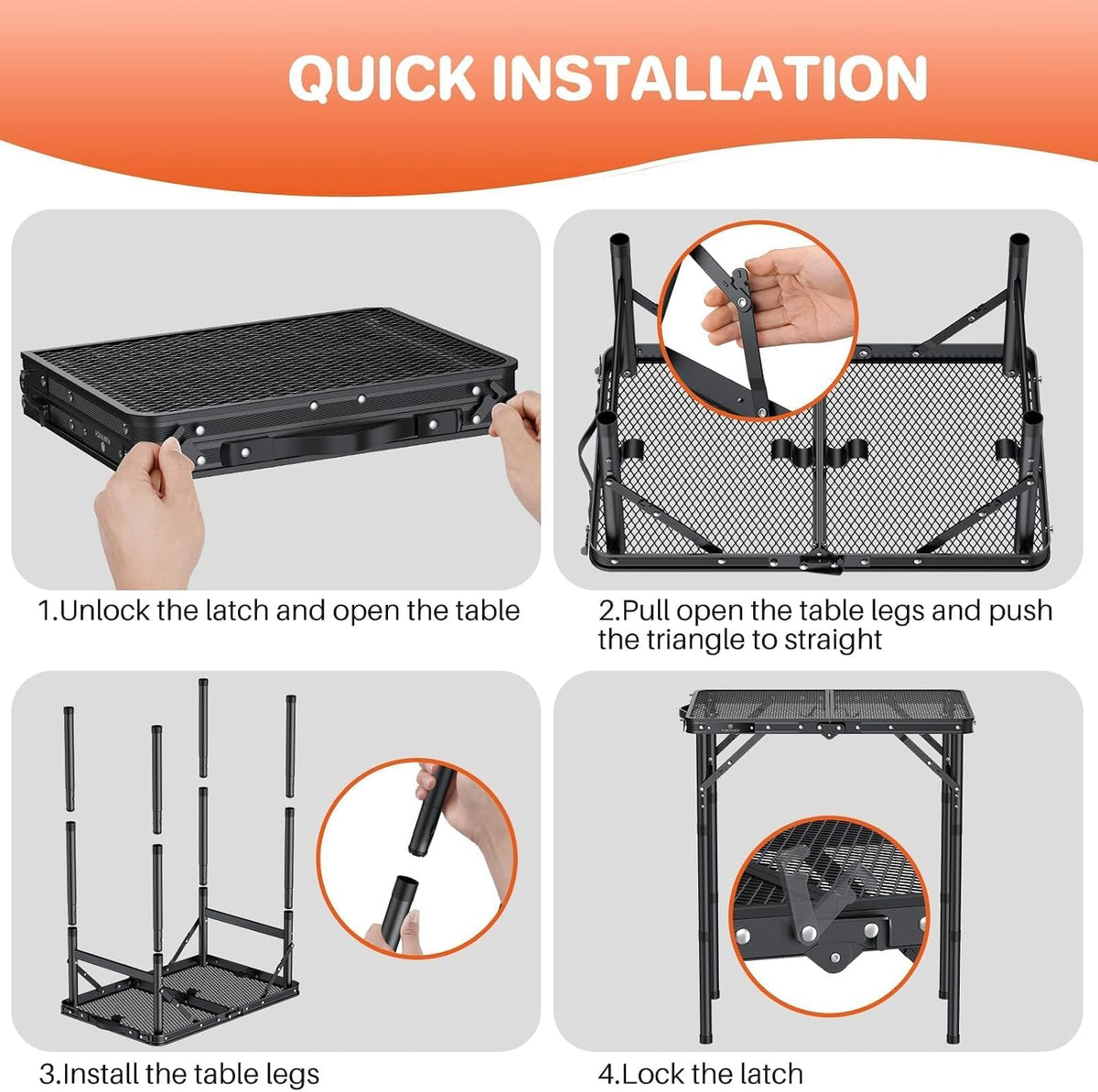 2ft Folding Grill Table 23''x16'', 3 Adjustable Heights Max 27.5'', Black
