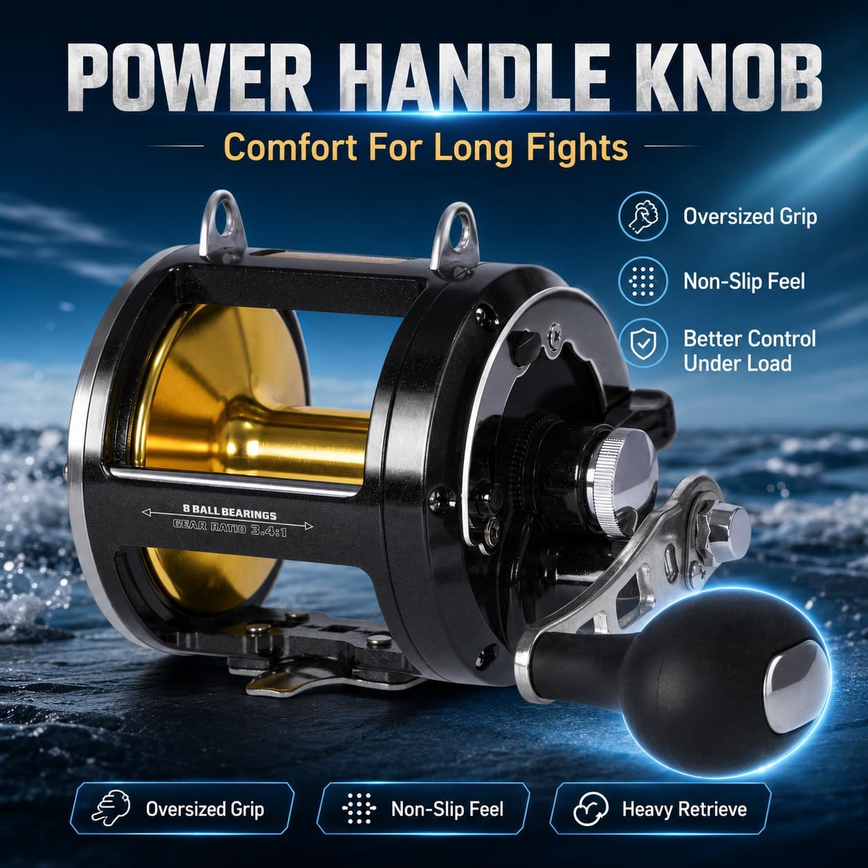 Sea Fishing Reel 44-66 LB Max Drag Saltwater Round Conventional Trolling Reel Aluminum CNC 2.8:1/4.4:1 Gear Ratio 5+1/7+1 Bearings for Tuna Salmon Marlin