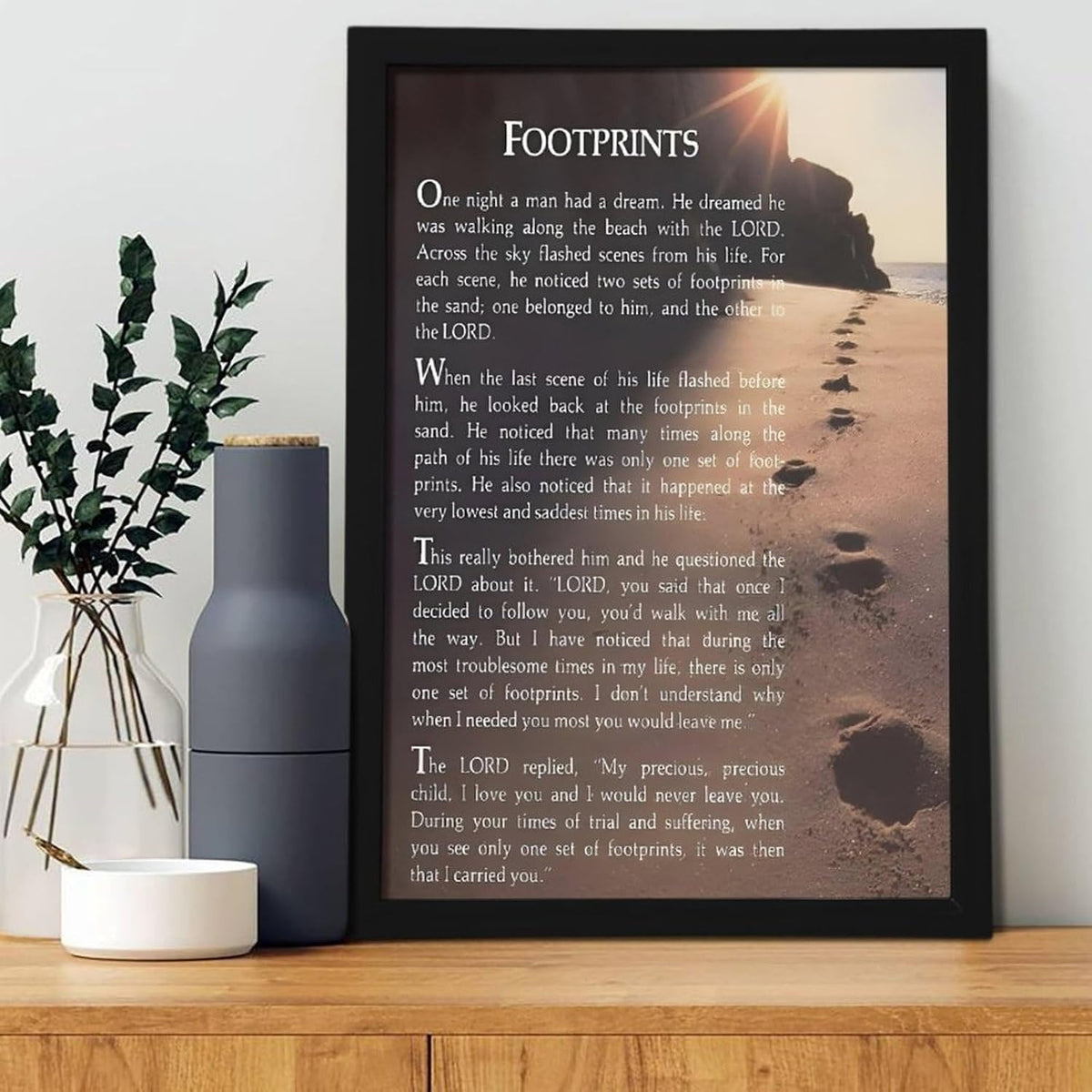 Footprints in the Sand Religious Canvas Wall Art Posters, Inspirational Beach Sunset Poem Print Poster (Black Framed 20x30inch, Footprints(7))