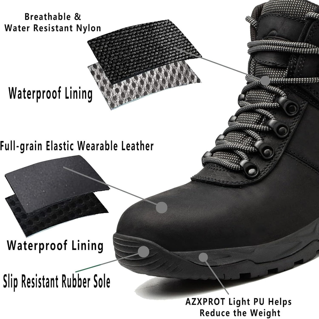 Waterproof Hiking Boots for Men, 6" Comfortable Soft Toe Shoes Mid Non Slip Hiking Shoes Outdoor Travel Shoes Leather Hiking Backpack Boots