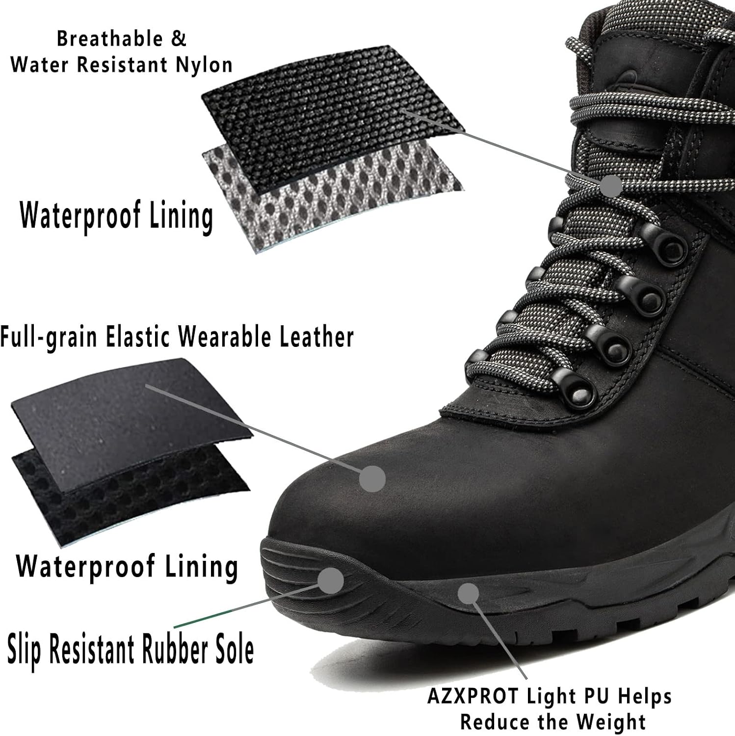 Waterproof Hiking Boots for Men, 6" Comfortable Soft Toe Shoes Mid Non Slip Hiking Shoes Outdoor Travel Shoes Leather Hiking Backpack Boots