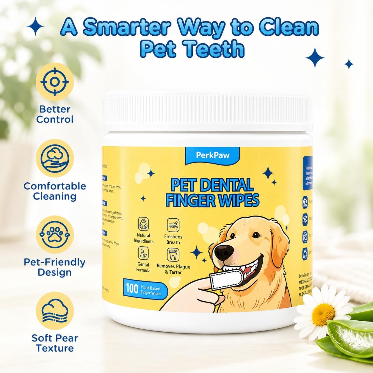 Pet Dental Finger Wipes for Dogs & Cats, 100 Count Pet Teeth Cleaning Wipes, Textured Finger Toothbrush Wipes for Fresh Breath, Plaque & Tartar Care, Gentle No-Rinse Oral Care