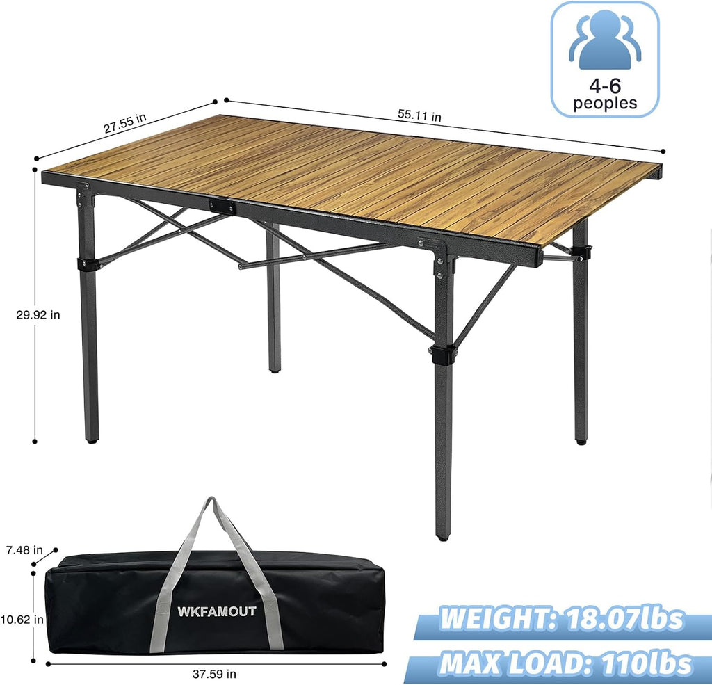 29.9" Tall Folding Camping Table for 2-6 Person, 54.7" Large Aluminum Foldable Roll-up Table Outdoor with Carry Bag for Picnic, Camp, Sturdy, Backyard, Patio