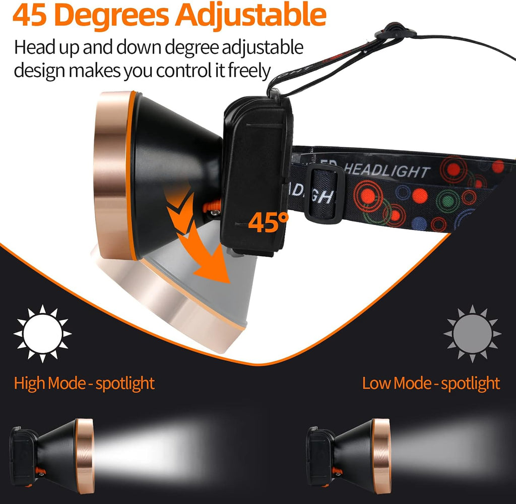 Superbright LED Rechargeable Headlamp,High Power 2 Light Modes Waterproof Headlight Adjustable Gold Head Troch Lamp for Hunting Fishing Hiking(Yellow Light)