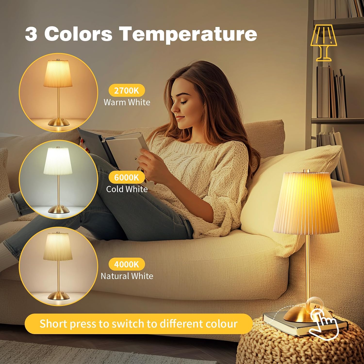 Rechargeable Cordless Table Lamp, 3-Color Dimmable Touch Light, Beige Shade