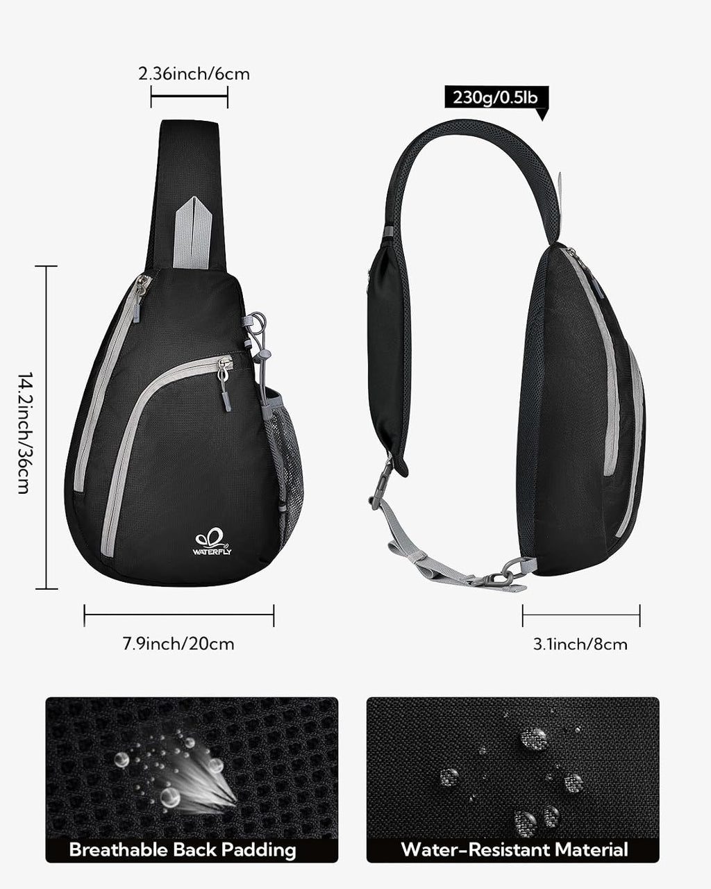 WATERFLY Crossbody Sling Bag, Small Shoulder Chest Backpack