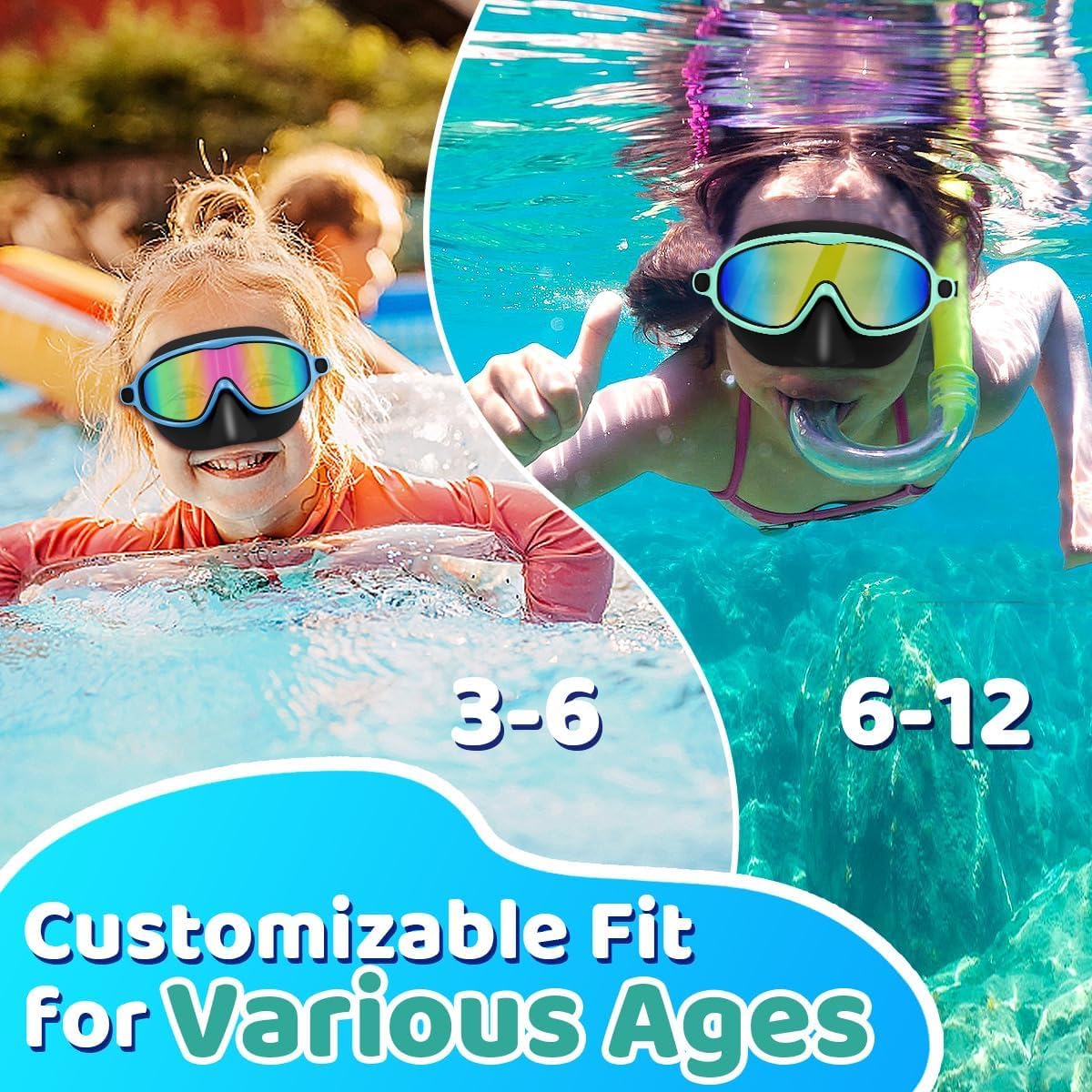 Vvinca Kids Swim Goggles with Nose Cover 2 Pack for 3-15 Anti-Fog Wide View