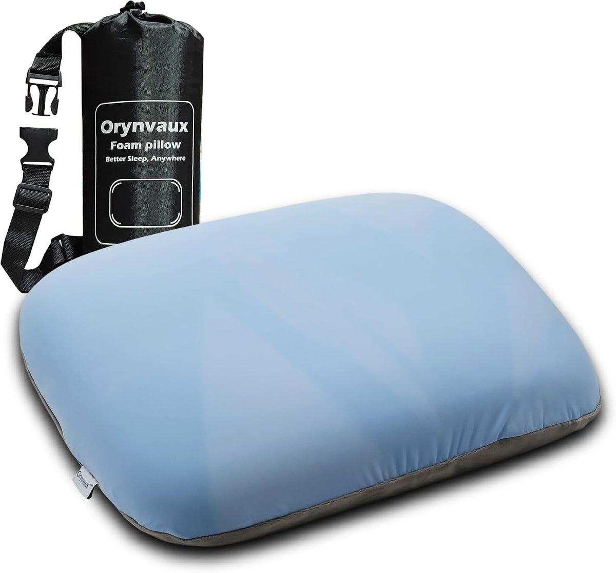 Small Travel Camping Pillow, Double-Sided Fabric Pillow with Adjustable Buckle Strap & Storage Bag, Compact Small Pillow for Airplane, Car Lumbar, Office, Washable Cover, Glacier Blue