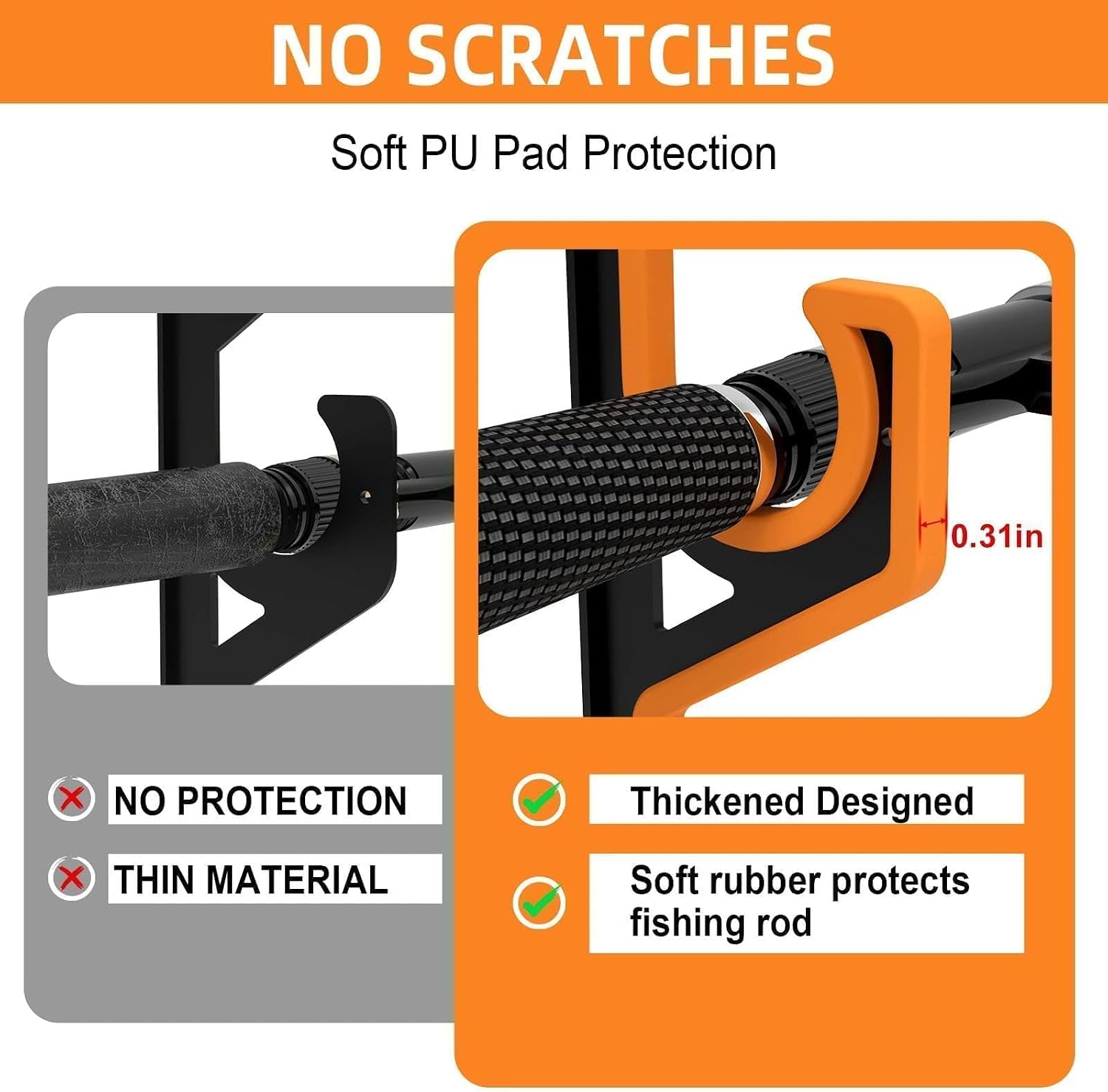 2 Pack Horizontal Fishing Rod Holders for Garage Wall & Ceiling, Anti-Scratch Soft PU Pad Rod Rack, Fishing Pole Storage Organizer Holds up to 10 Rod, Wall Mount Rod Keepers for Casting Rods