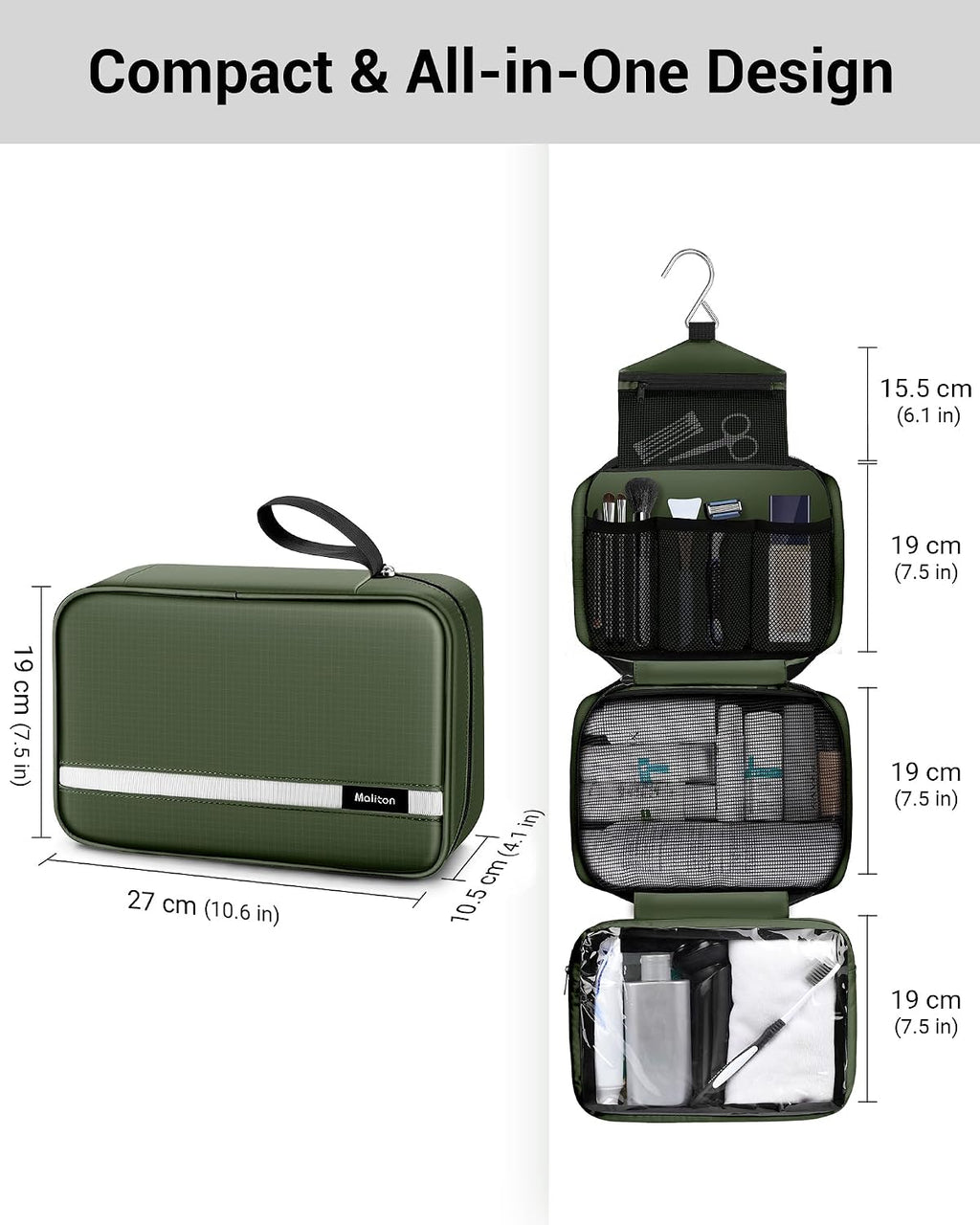 Maliton Toiletry Bag for Men & Women Travel Toiletry Bag Hanging Toiletry Bag Hygiene Organizer with 4 Compartments Waterproof Bathroom Shower Bag Large Toiletries Travel Bag (Olive Green)