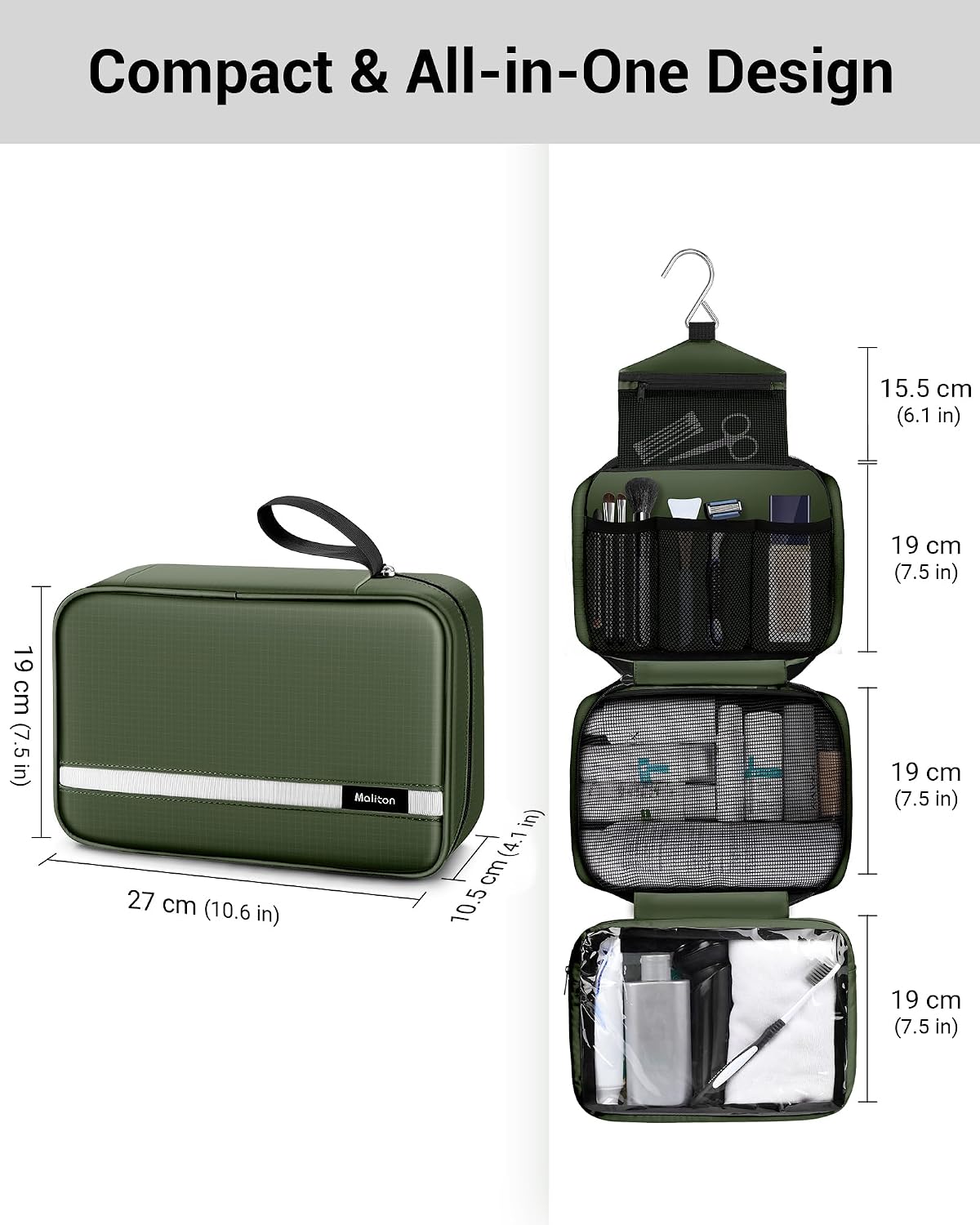 Maliton Toiletry Bag for Men & Women Travel Toiletry Bag Hanging Toiletry Bag Hygiene Organizer with 4 Compartments Waterproof Bathroom Shower Bag Large Toiletries Travel Bag (Olive Green)