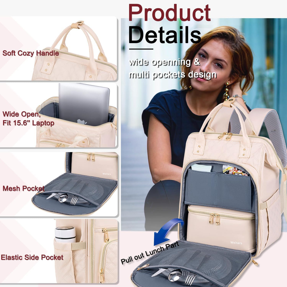Weitars Lunch Backpack for Women,15.6 Inch Laptop Backpacks with Lunch Box