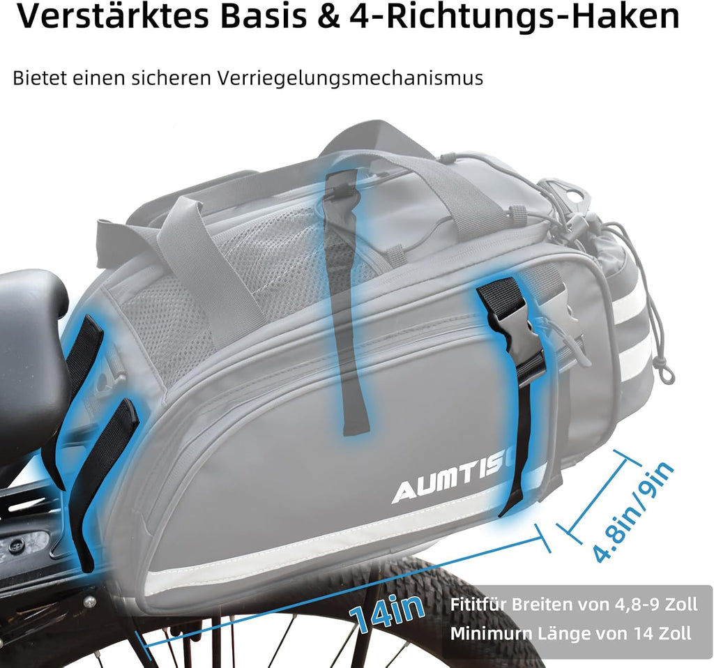 AUMTISC Rear Rack Bag, 14L Waterproof Bike Bags for Bicycles Rear Rack, Ebike Trunk Panniers Bag with Rain Cover, Cycling Seat Cargo Rack Bag with Reflective Strip for Commuter Travel Outdoor