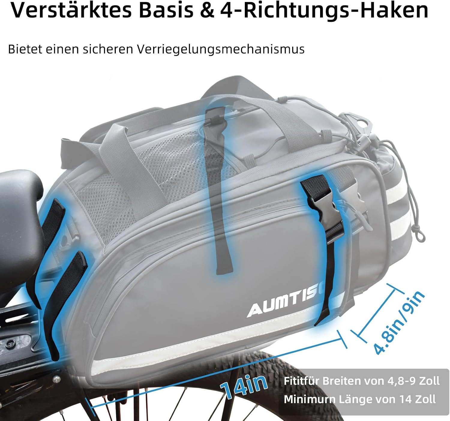 AUMTISC Rear Rack Bag, 14L Waterproof Bike Bags for Bicycles Rear Rack, Ebike Trunk Panniers Bag with Rain Cover, Cycling Seat Cargo Rack Bag with Reflective Strip for Commuter Travel Outdoor