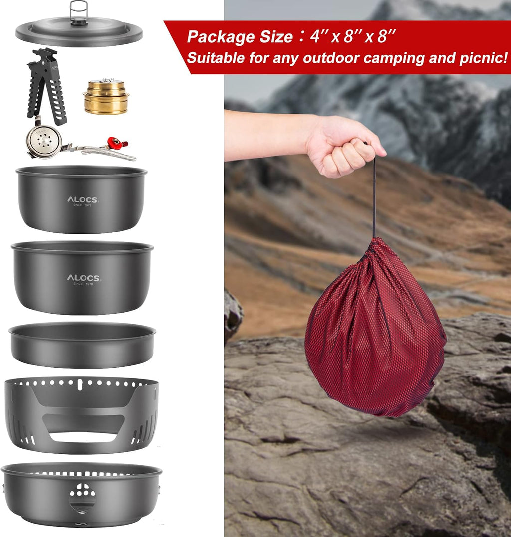 ALOCS 11pc Lightweight Camping Cookware Set with Gas and Alcohol Stove