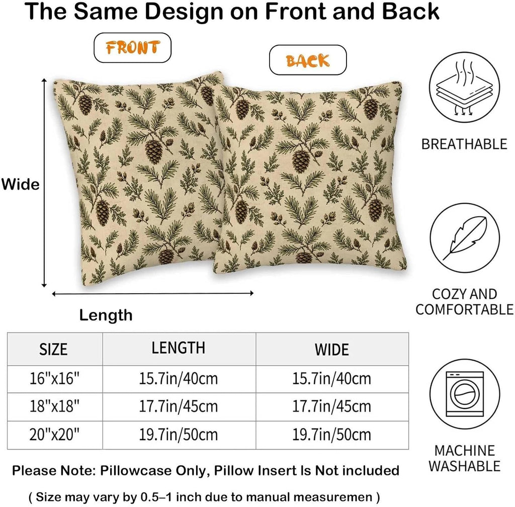Pine Cone Throw Pillow Covers 18x18 Set of 2 | Rustic Cabin Decorative Cushion Covers | Woodland Lodge Pillow Cases for Couch Sofa Bed Living Room | Evergreen Branch Home Decor Outdoor Patio