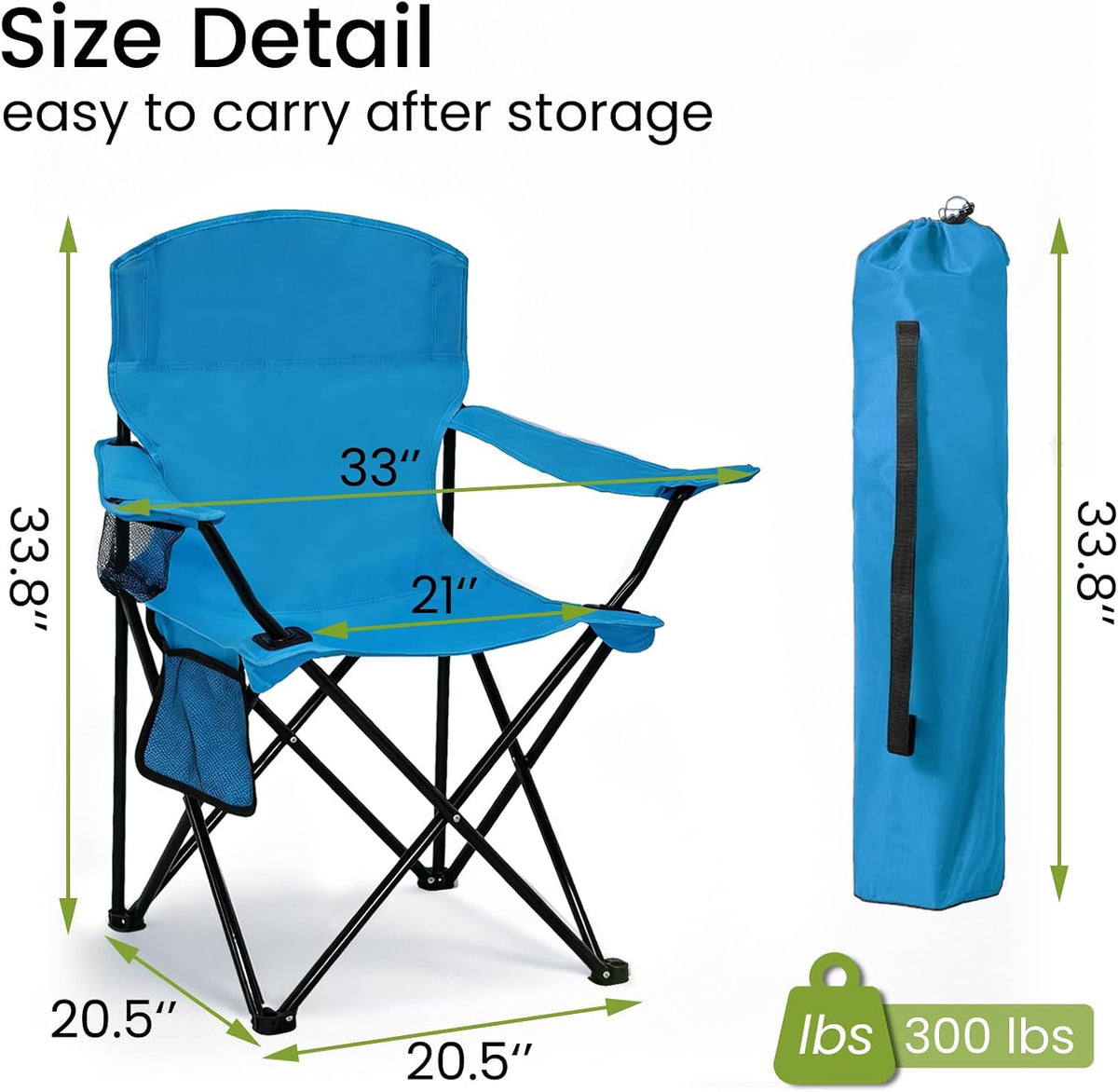 Folding Camping Chair with Cup Holder & Side Storage Bag 300lbs Capacity Lightweight High Back Portable for Beach, Picnic, Sport, Blue