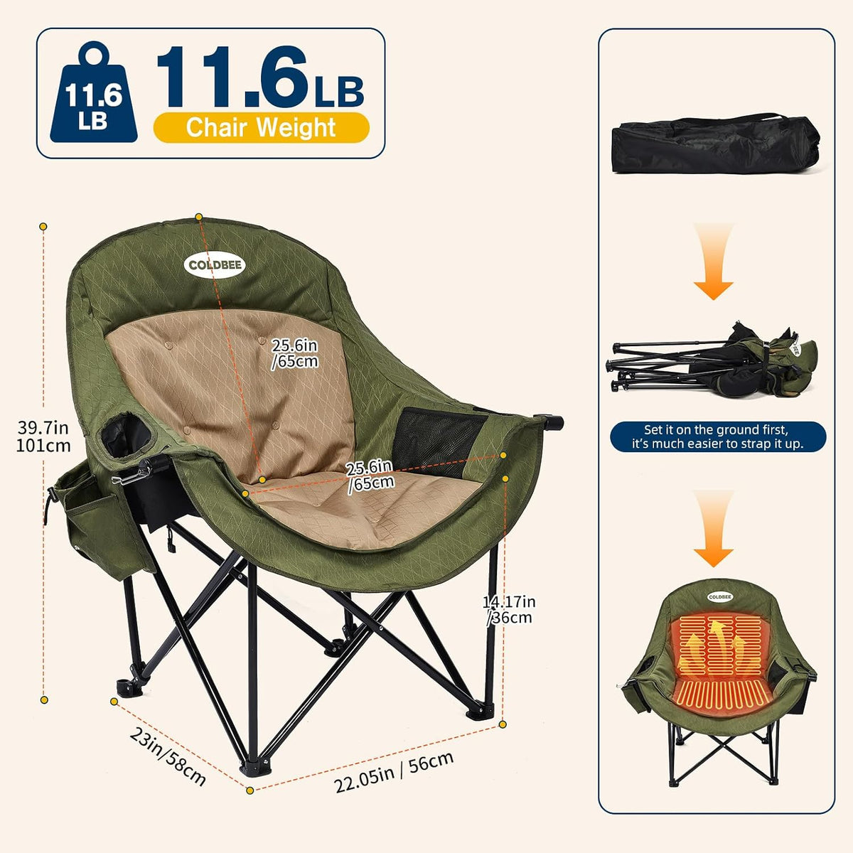 Heated Oversized Camping Chair, Heavy Duty Padded, Thick Headrest, Green