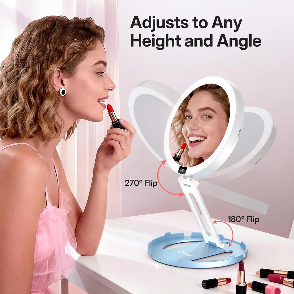 LitBear Travel Mirror with Lights, Foldable 10X/1X Magnifying Mirror, Rechargeable & Portable Lighted Makeup Mirror for Beauty, 3 Color Lighting, Dimmable Touch Screen, Smart Display (Sky Blue)